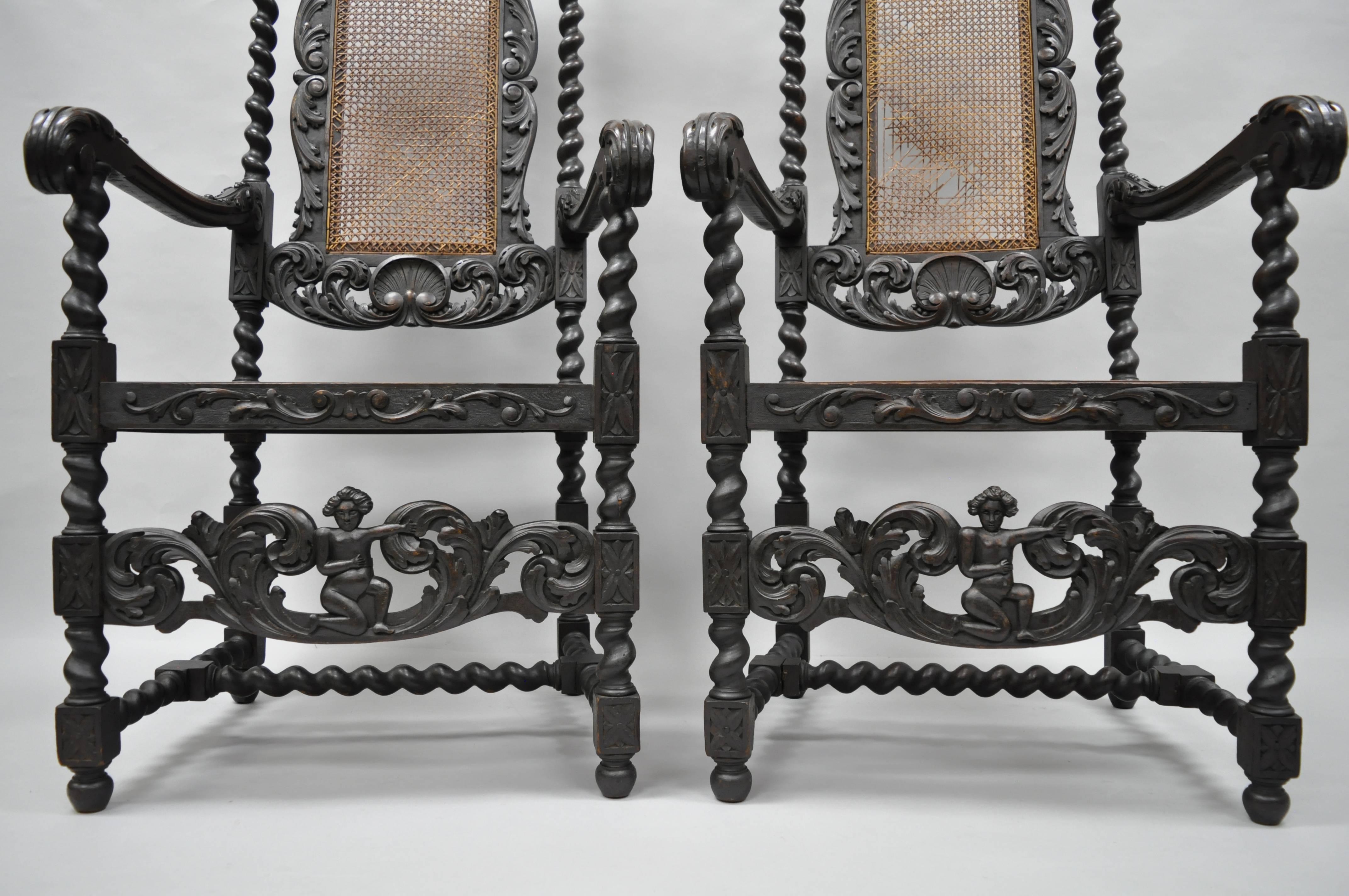 Jacobean Renaissance Revival Cherub Carved Parlor Throne Chairs Armchairs In Good Condition In Philadelphia, PA