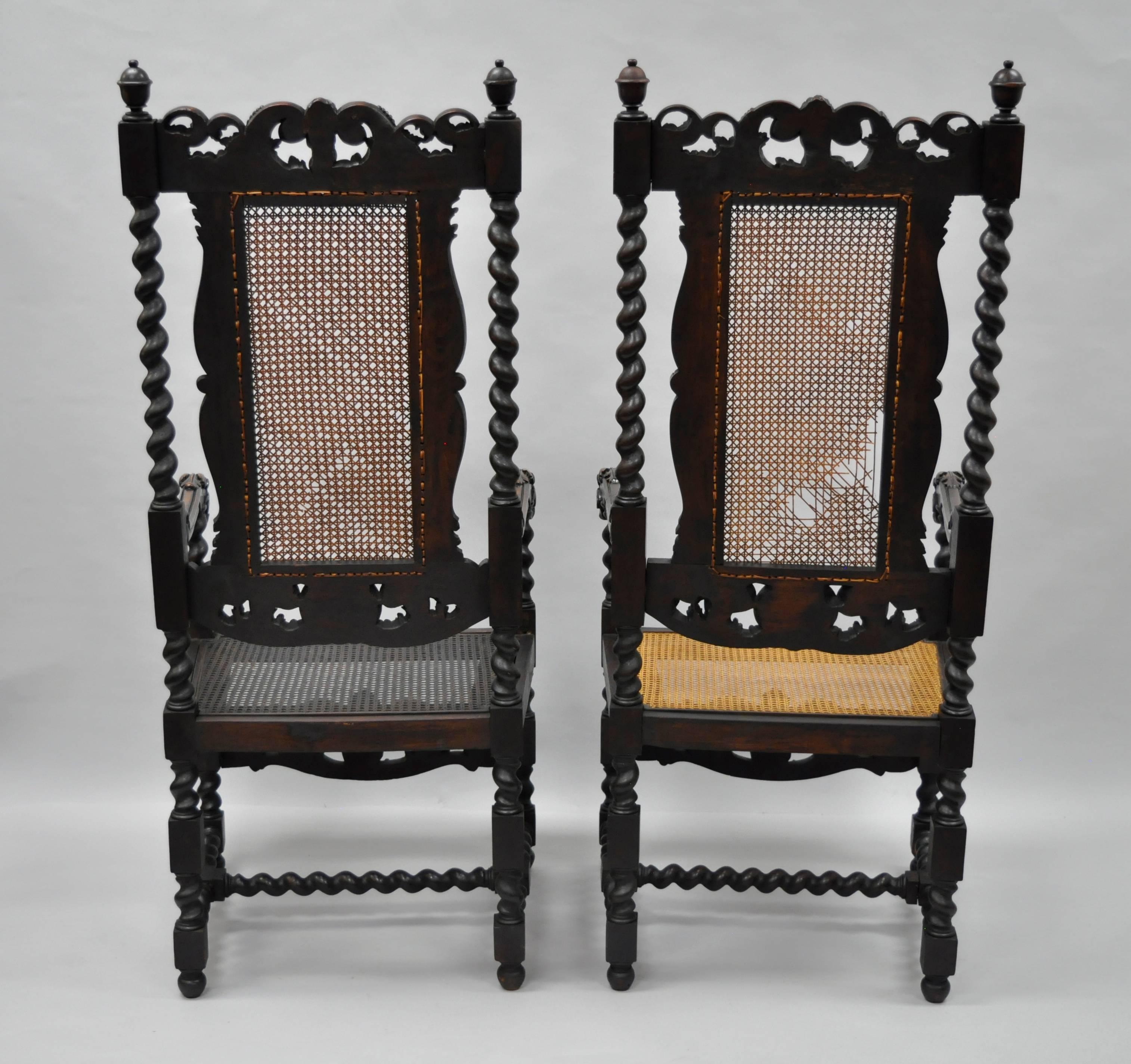 Jacobean Renaissance Revival Cherub Carved Parlor Throne Chairs Armchairs 2