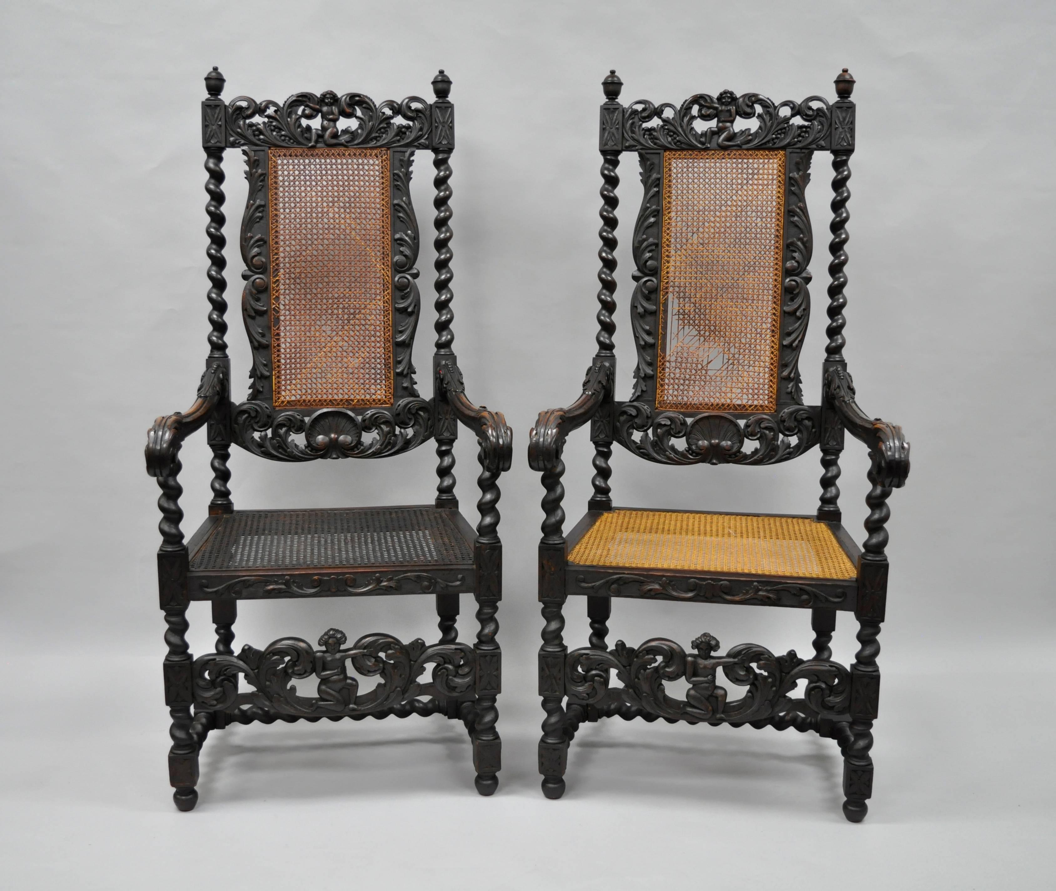 Jacobean Renaissance Revival Cherub Carved Parlor Throne Chairs Armchairs 3
