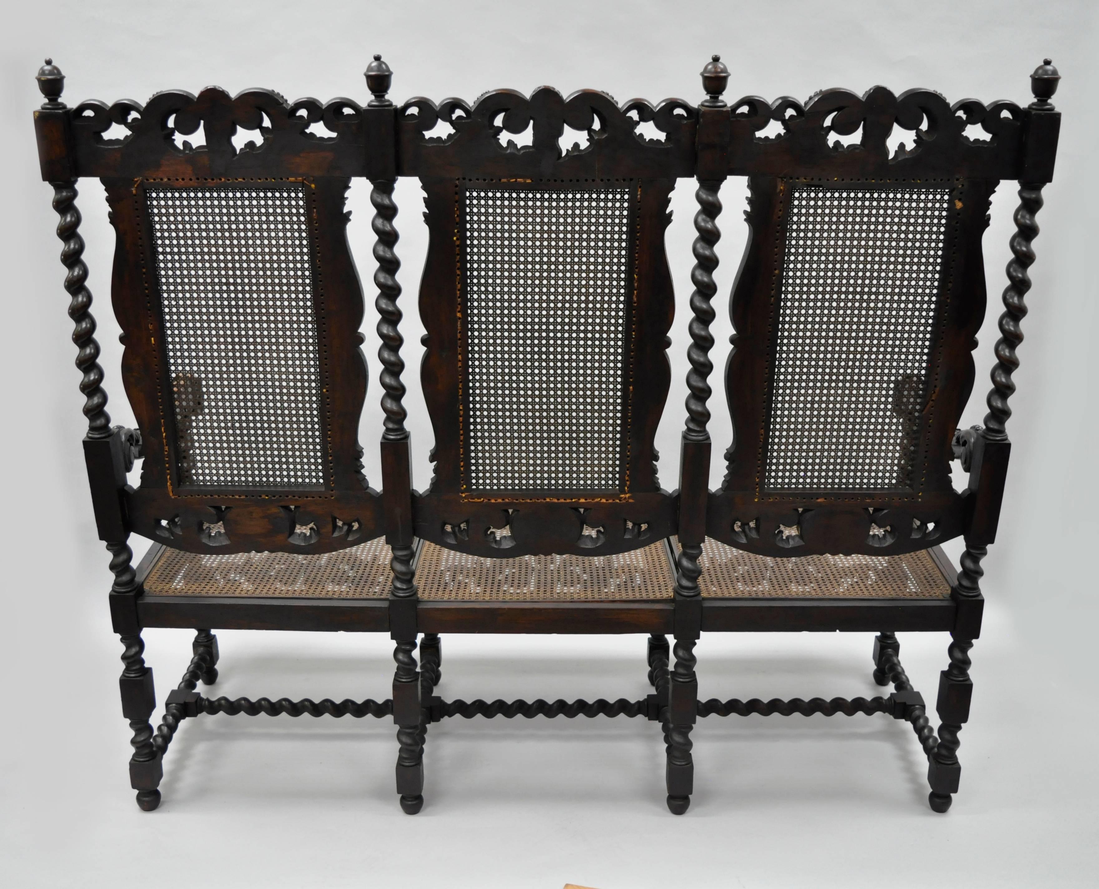 Cane Jacobean Renaissance Barley Twist Cherub Carved Parlor Loveseat Bench Settee For Sale