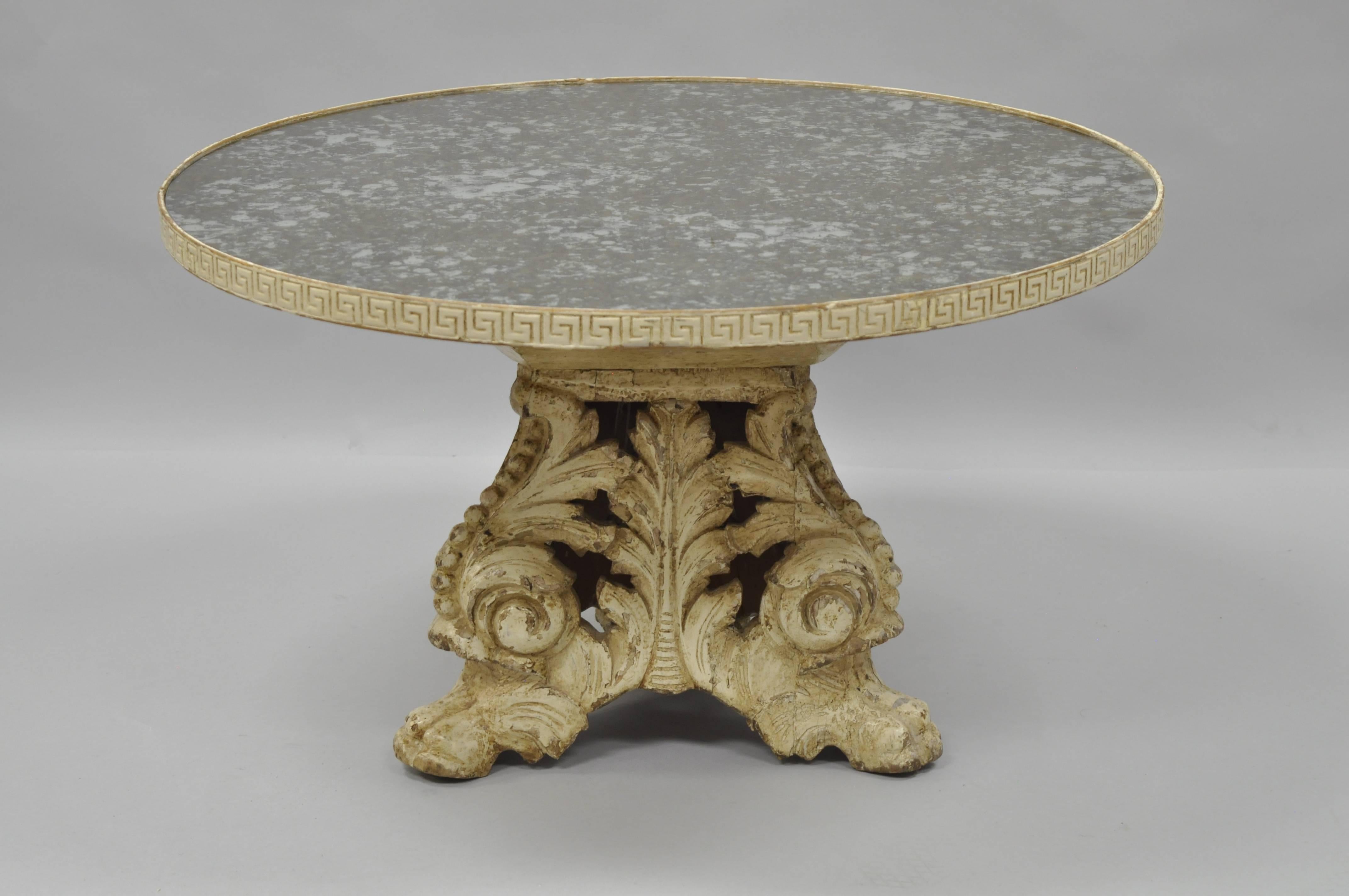 Italian Baroque Painted Carved Wood Pedestal Round Églomisé Glass Coffee Table 2