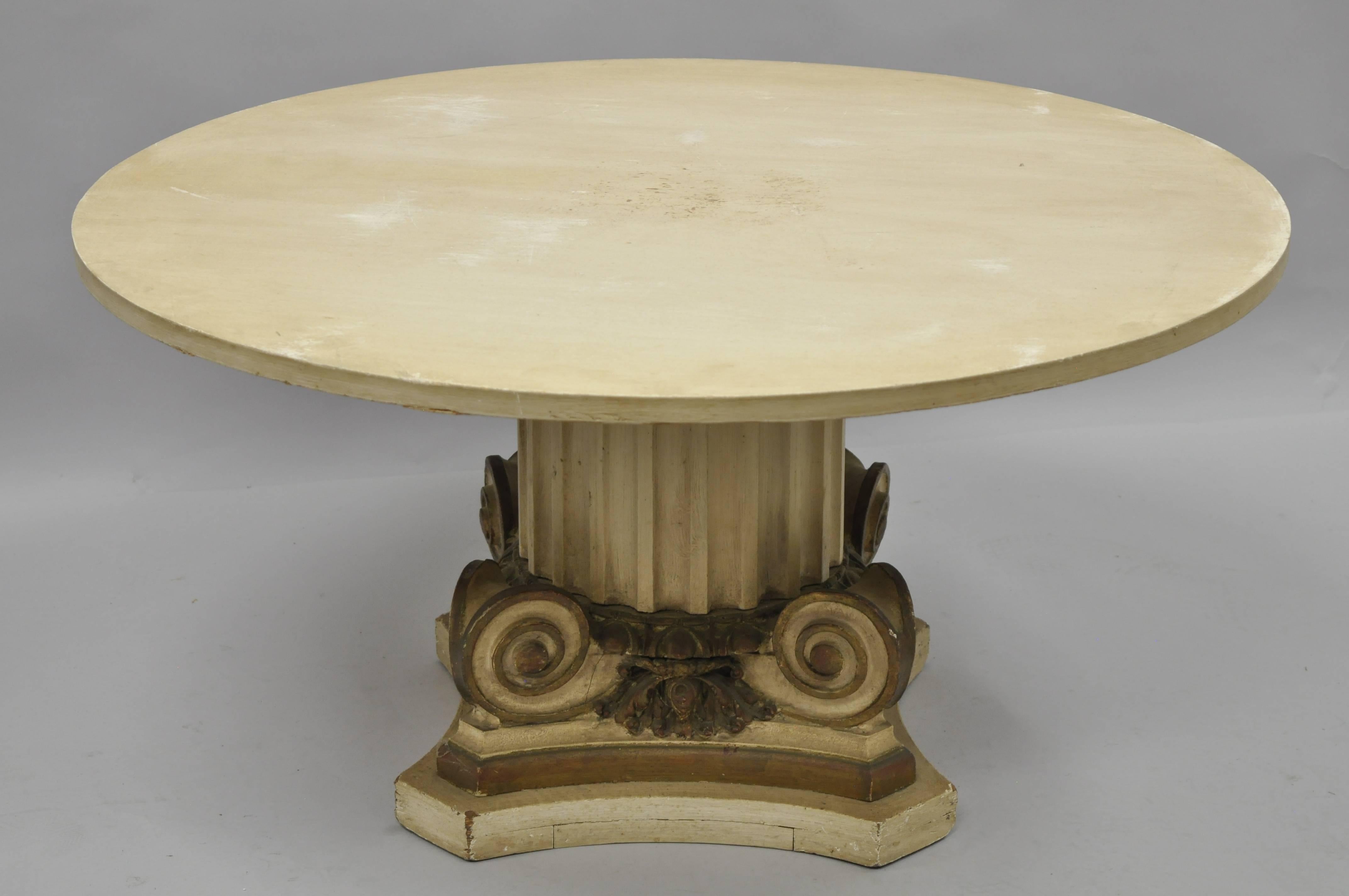 Carved Green Marble Top Fluted Wood Corinthian Column Pedestal Base Round Coffee Table