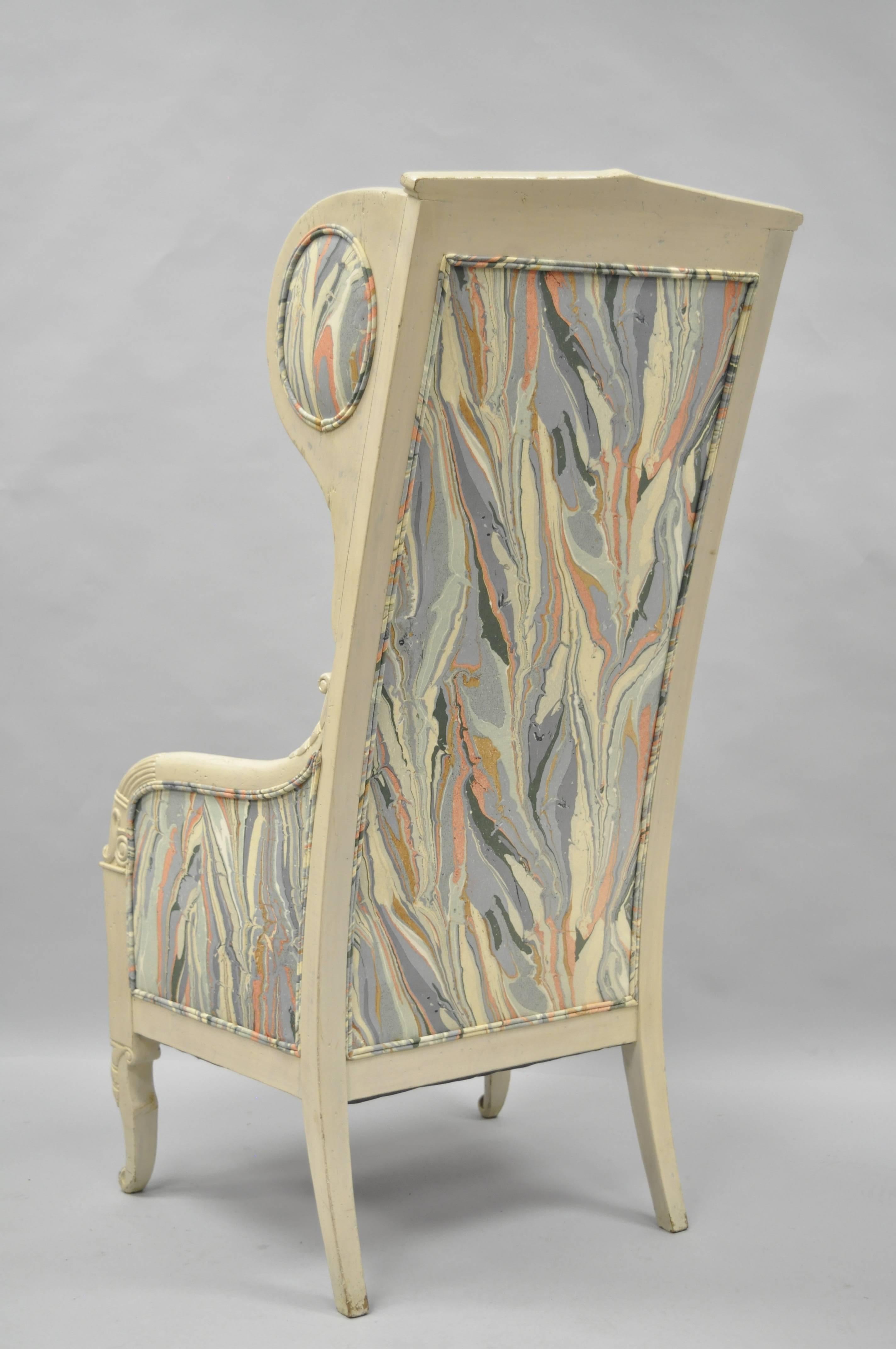 Upholstery High Back French Empire Neoclassical Style Marble Fabric Wing Back Arm Chair For Sale