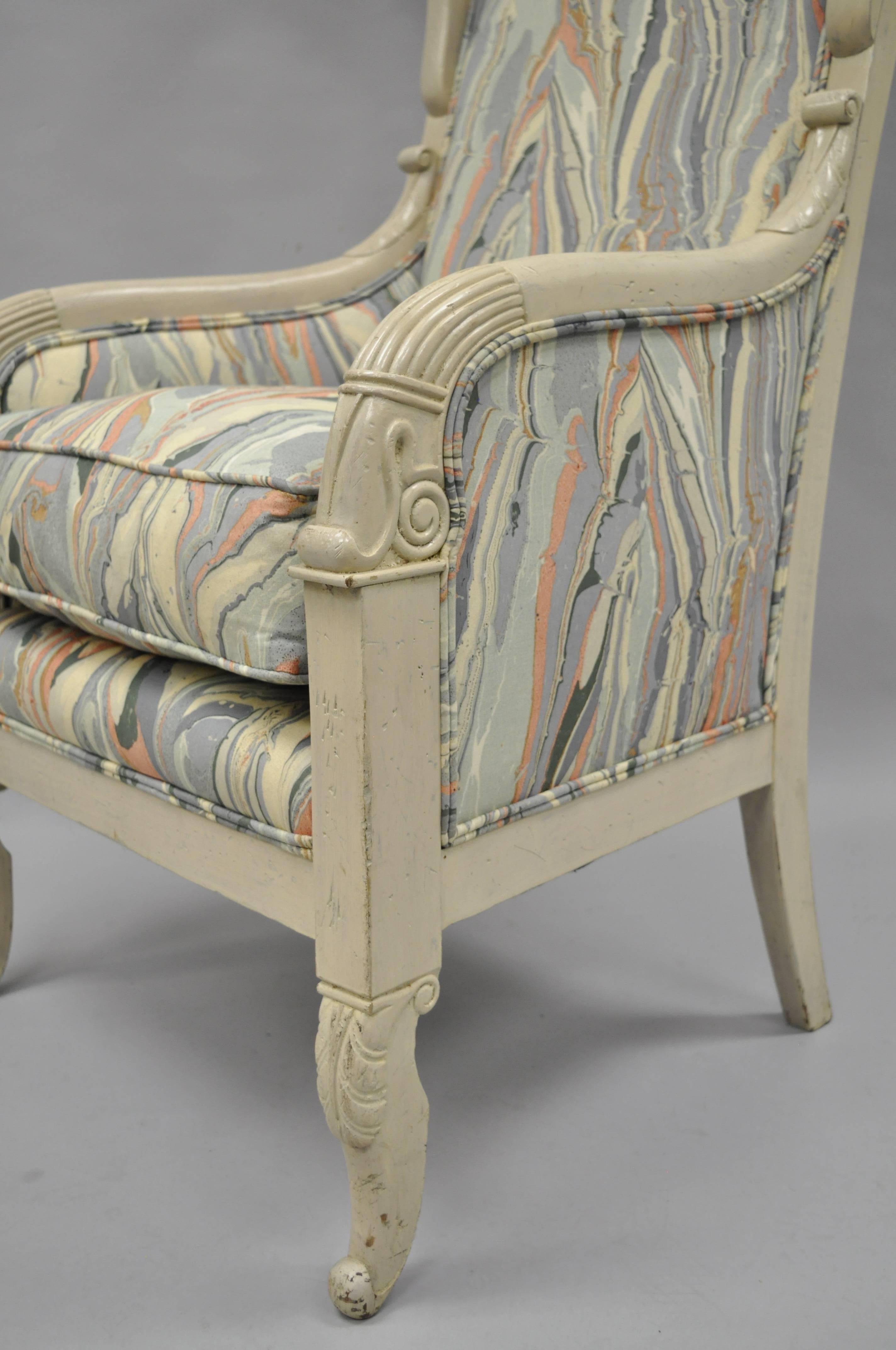 Mid-20th Century High Back French Empire Neoclassical Style Marble Fabric Wing Back Arm Chair For Sale