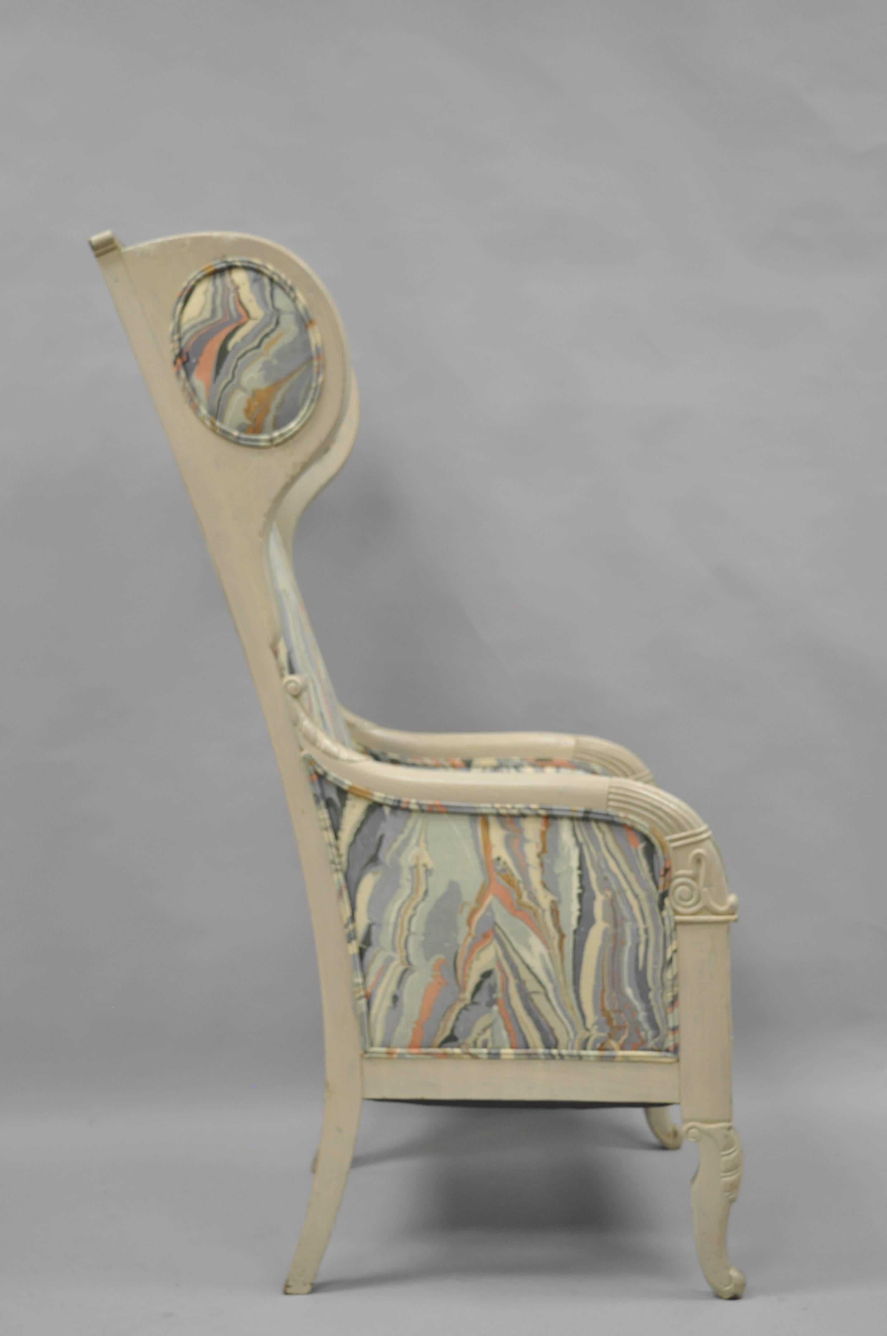 American High Back French Empire Neoclassical Style Marble Fabric Wing Back Arm Chair For Sale