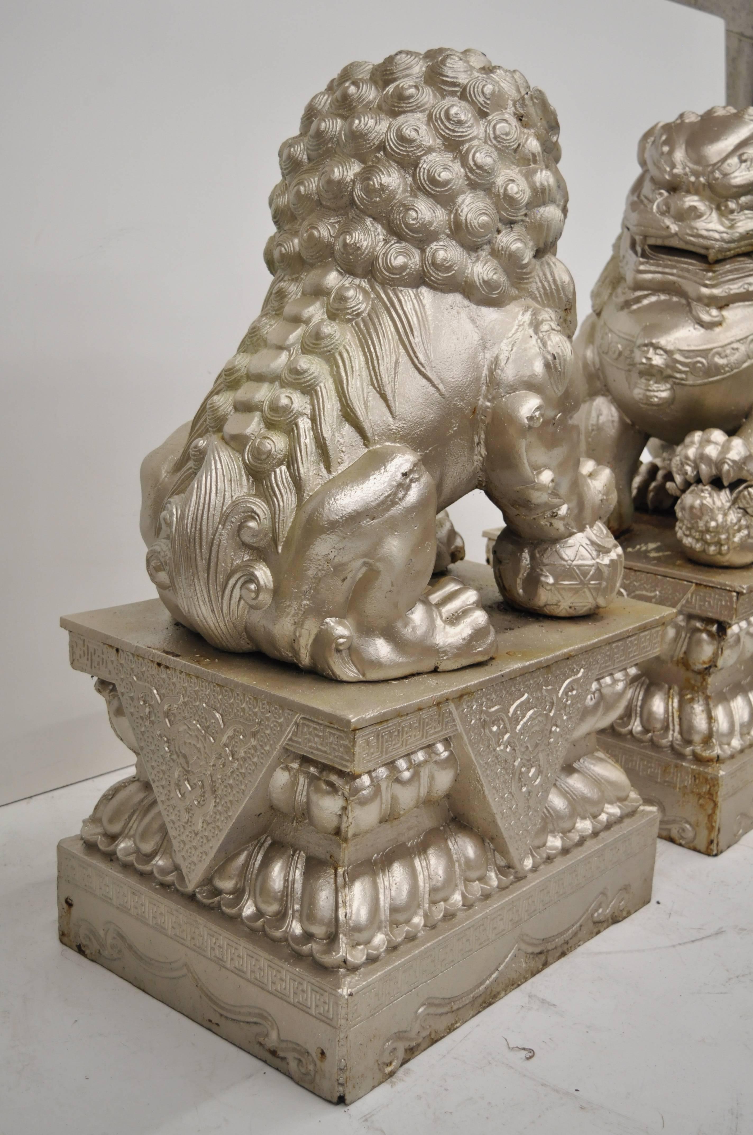 20th Century Large Pair of Cast Iron Foo Dog Guardian Lion Statue Entryway Garden Sculpture