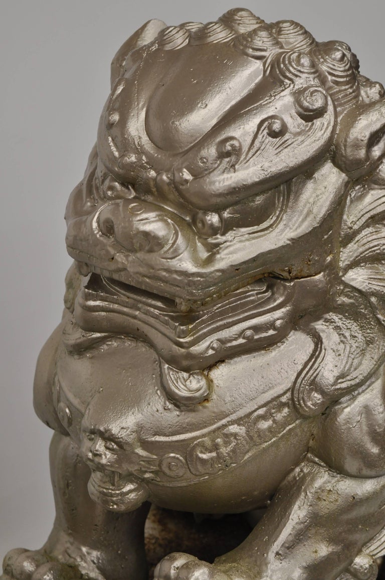 Large Pair of Cast Iron Foo Dog Guardian Lion Statue Entryway Garden