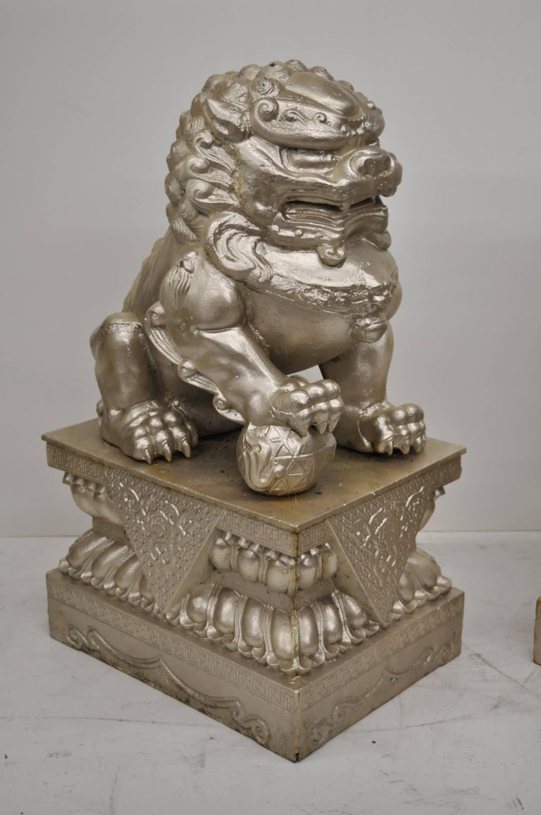 Large Pair of Cast Iron Foo Dog Guardian Lion Statue Entryway Garden
