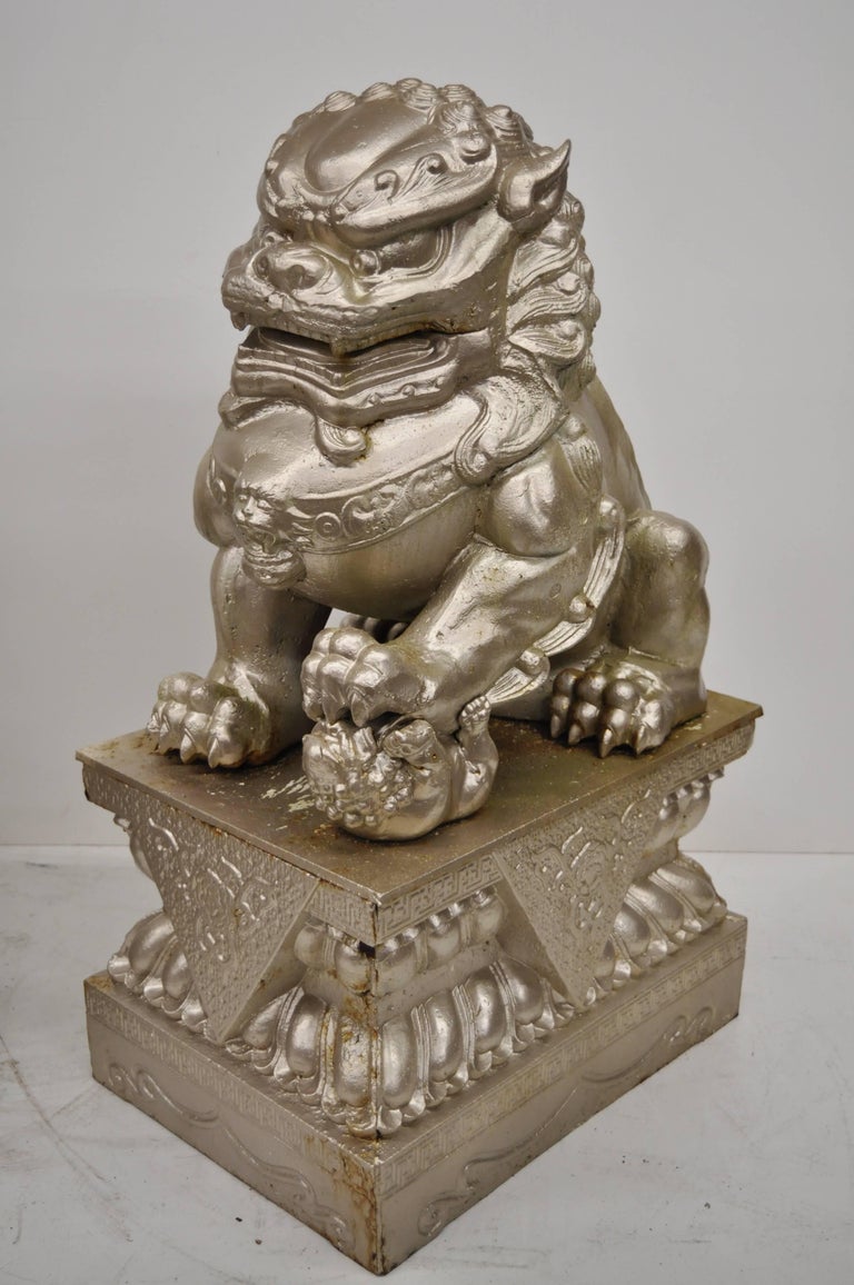 Large Pair of Cast Iron Foo Dog Guardian Lion Statue Entryway Garden Sculpture at 1stDibs
