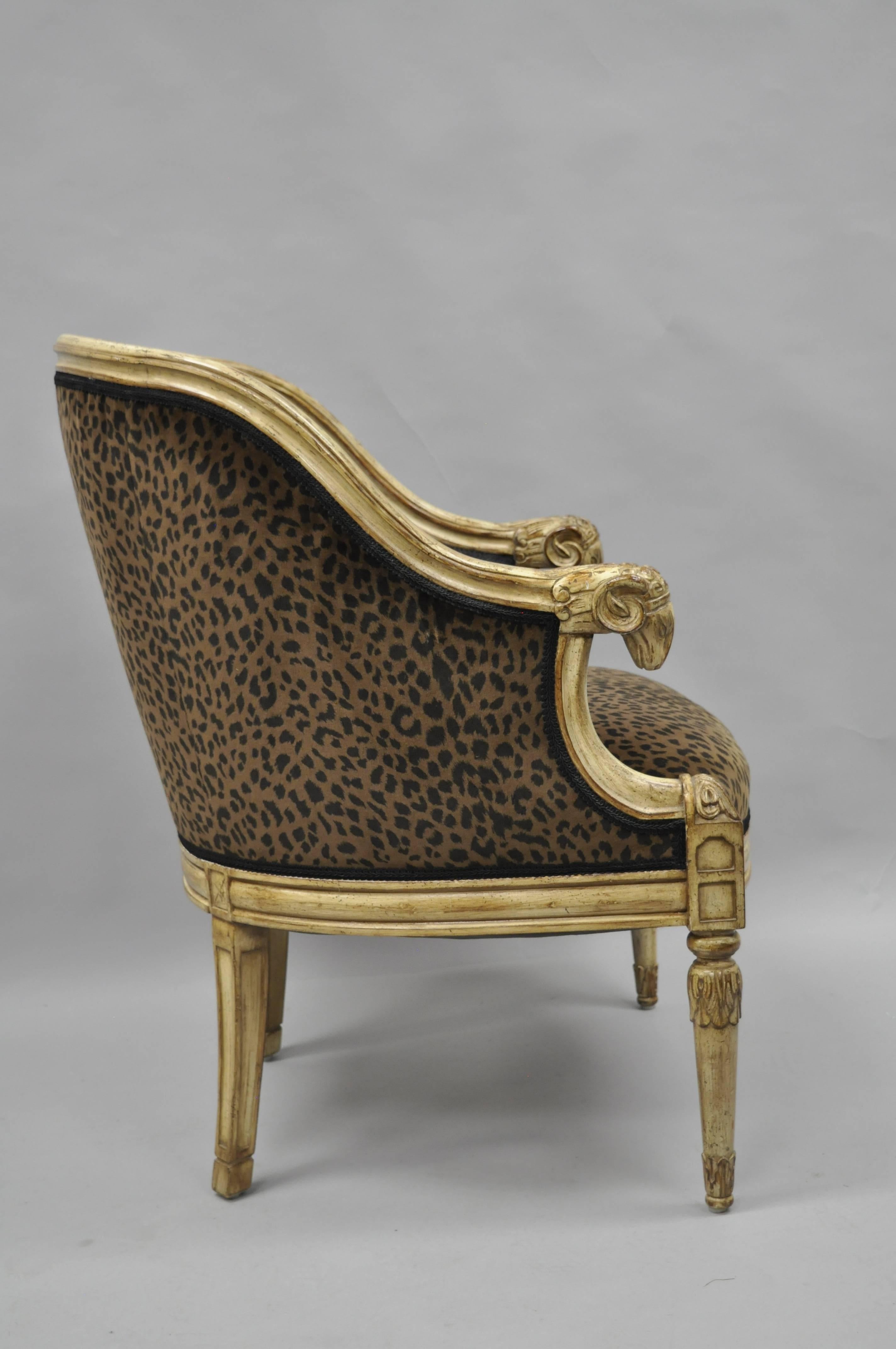 Wood Barrel Back Rams Goat Head Empire Neoclassical Style Cheetah Fabric Lounge Chair