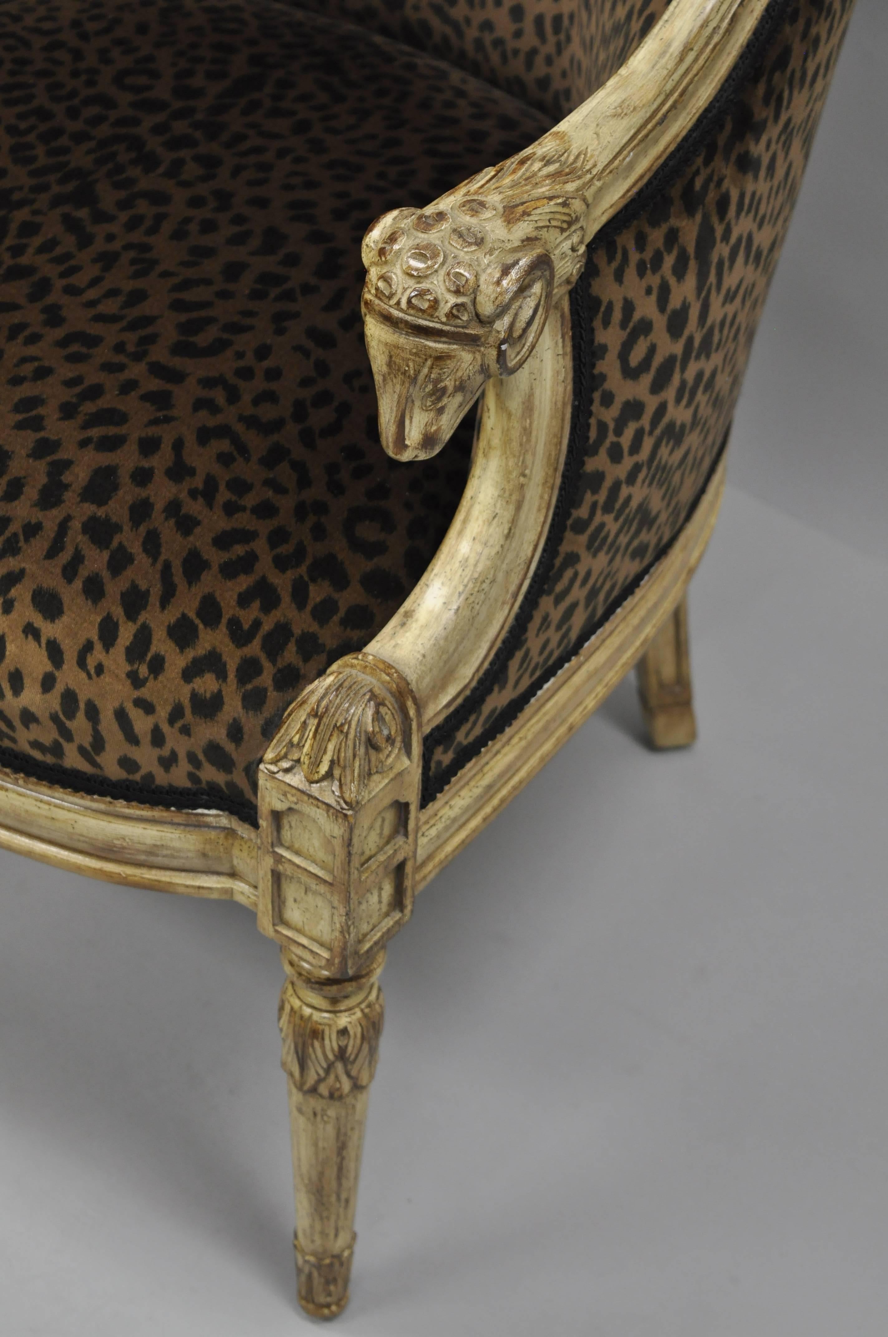 Barrel Back Rams Goat Head Empire Neoclassical Style Cheetah Fabric Lounge Chair In Good Condition In Philadelphia, PA