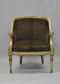 Barrel Back Rams Goat Head Empire Neoclassical Style Cheetah Fabric Lounge Chair