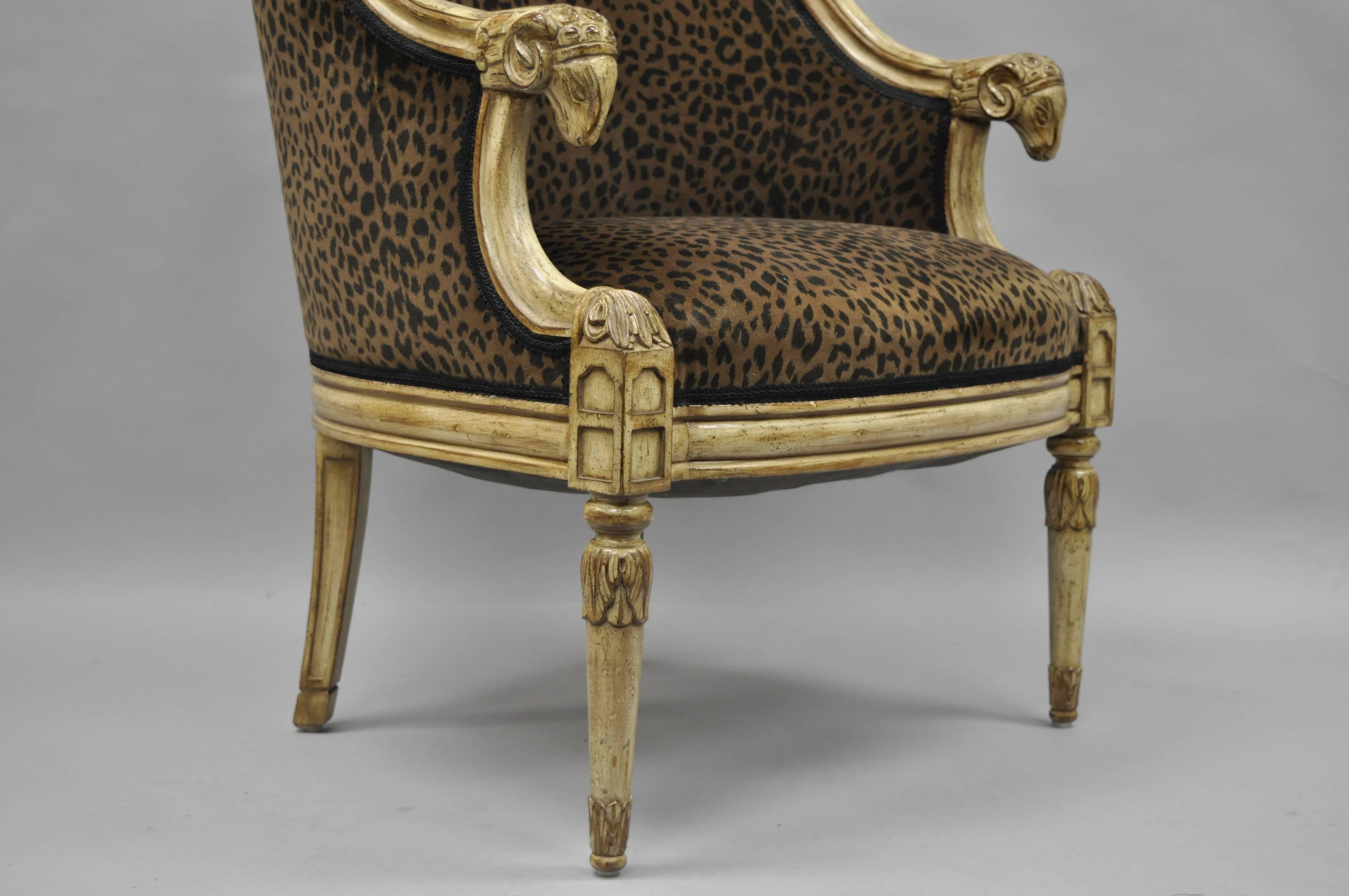 Regency Barrel Back Rams Goat Head Empire Neoclassical Style Cheetah Fabric Lounge Chair