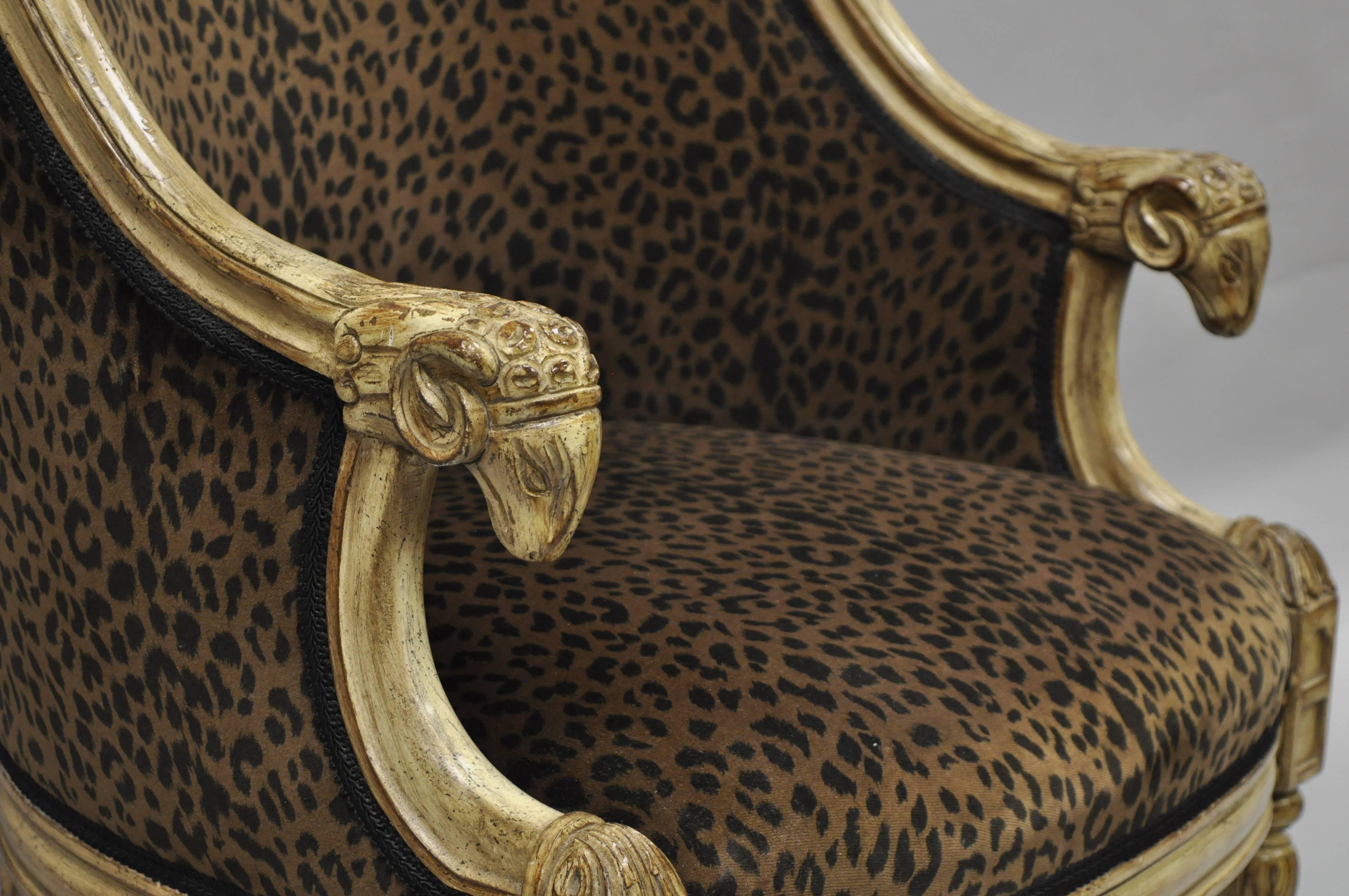 Barrel Back Rams Goat Head Empire Neoclassical Style Cheetah Fabric Lounge Chair 1