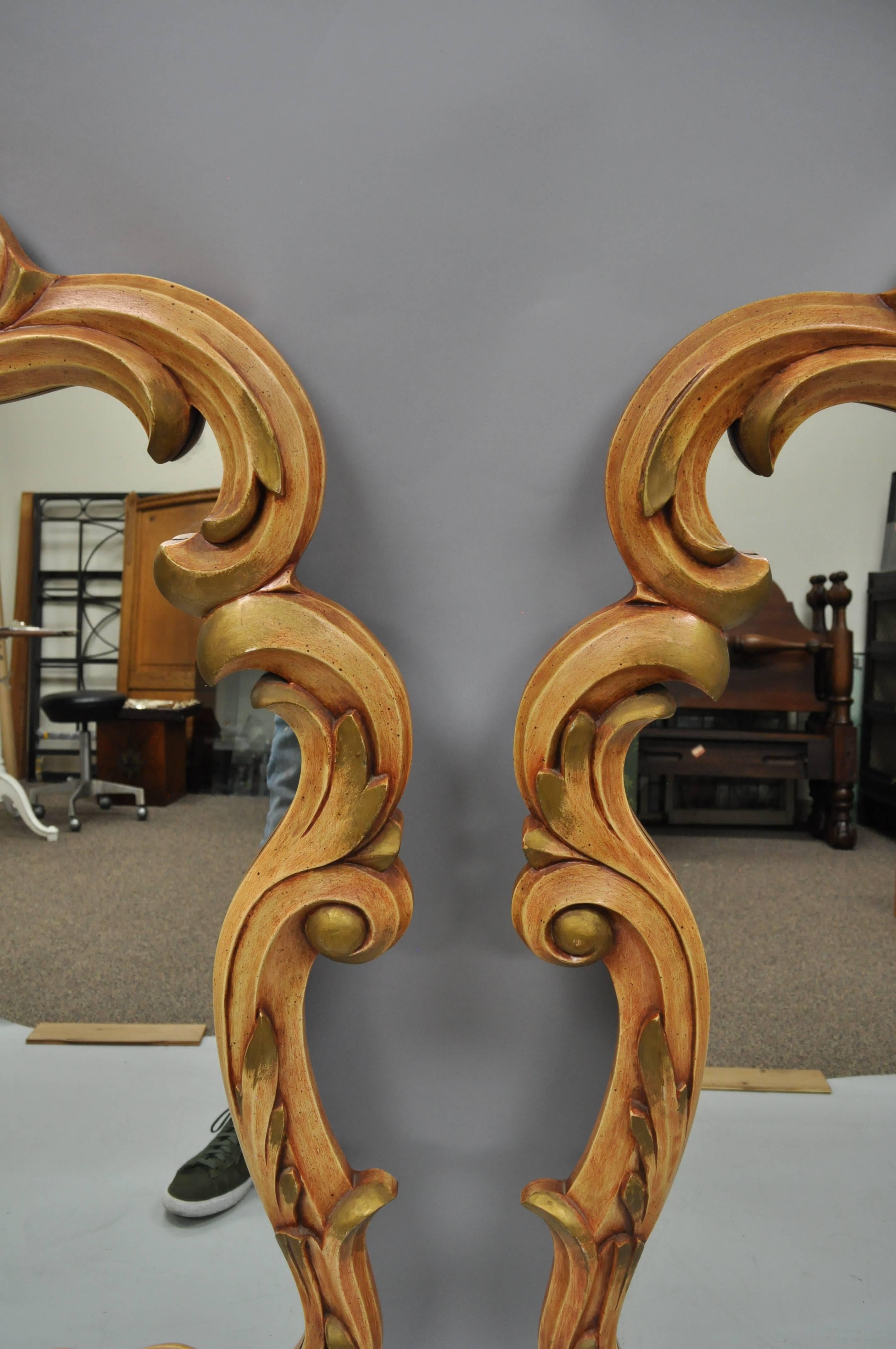 Mid-20th Century Large Pair of French Rococo Style Carved Wood Pink and Gold Painted Wall Mirrors