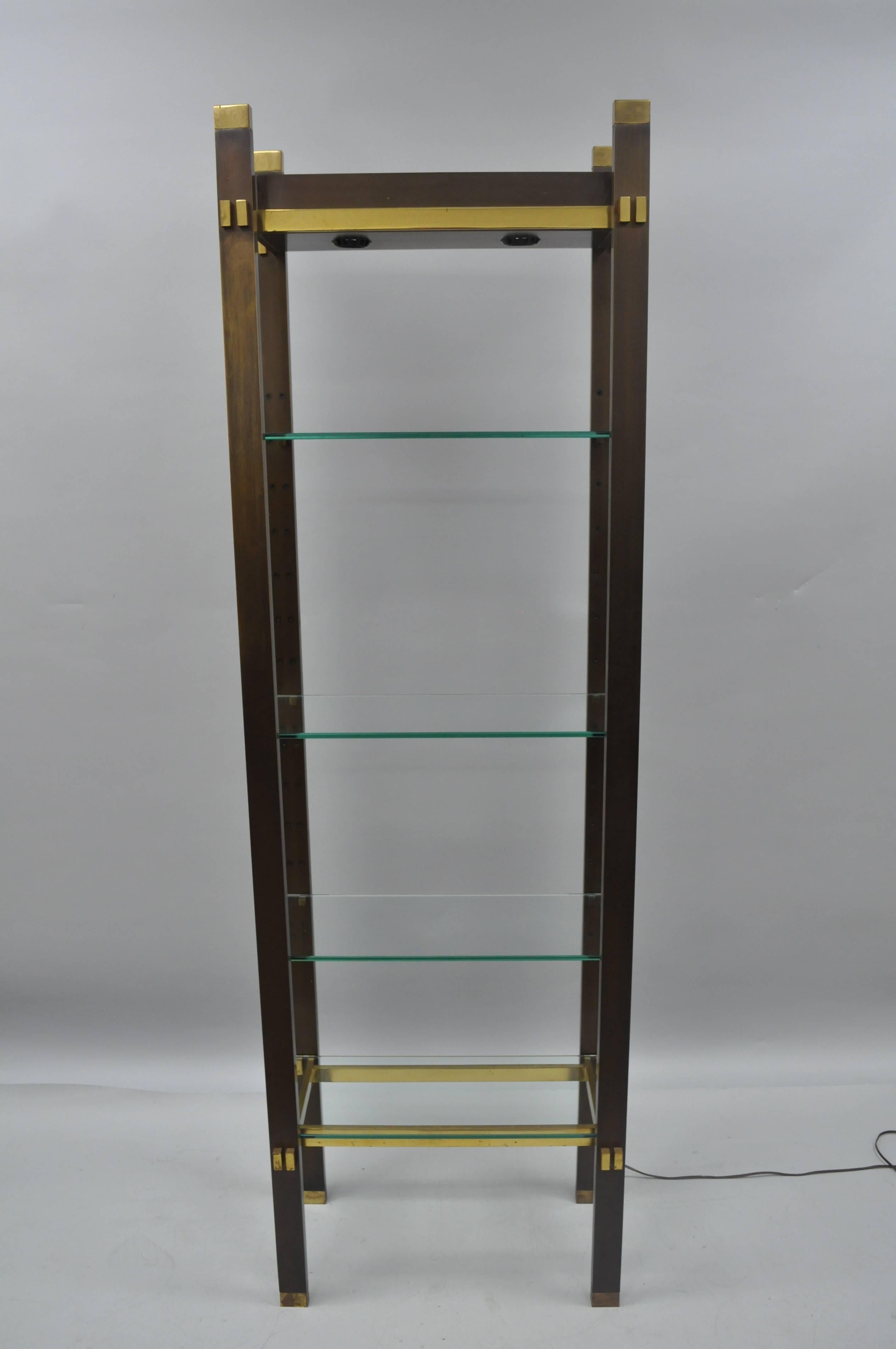 Vintage Mid-Century Modern bronze, brass, and glass illuminating modern narrow étagère by Paul M Jones. Item features a heavy and substantial brushed bronze frame with brass accents and four thick glass shelves. Shelf further features a beautiful