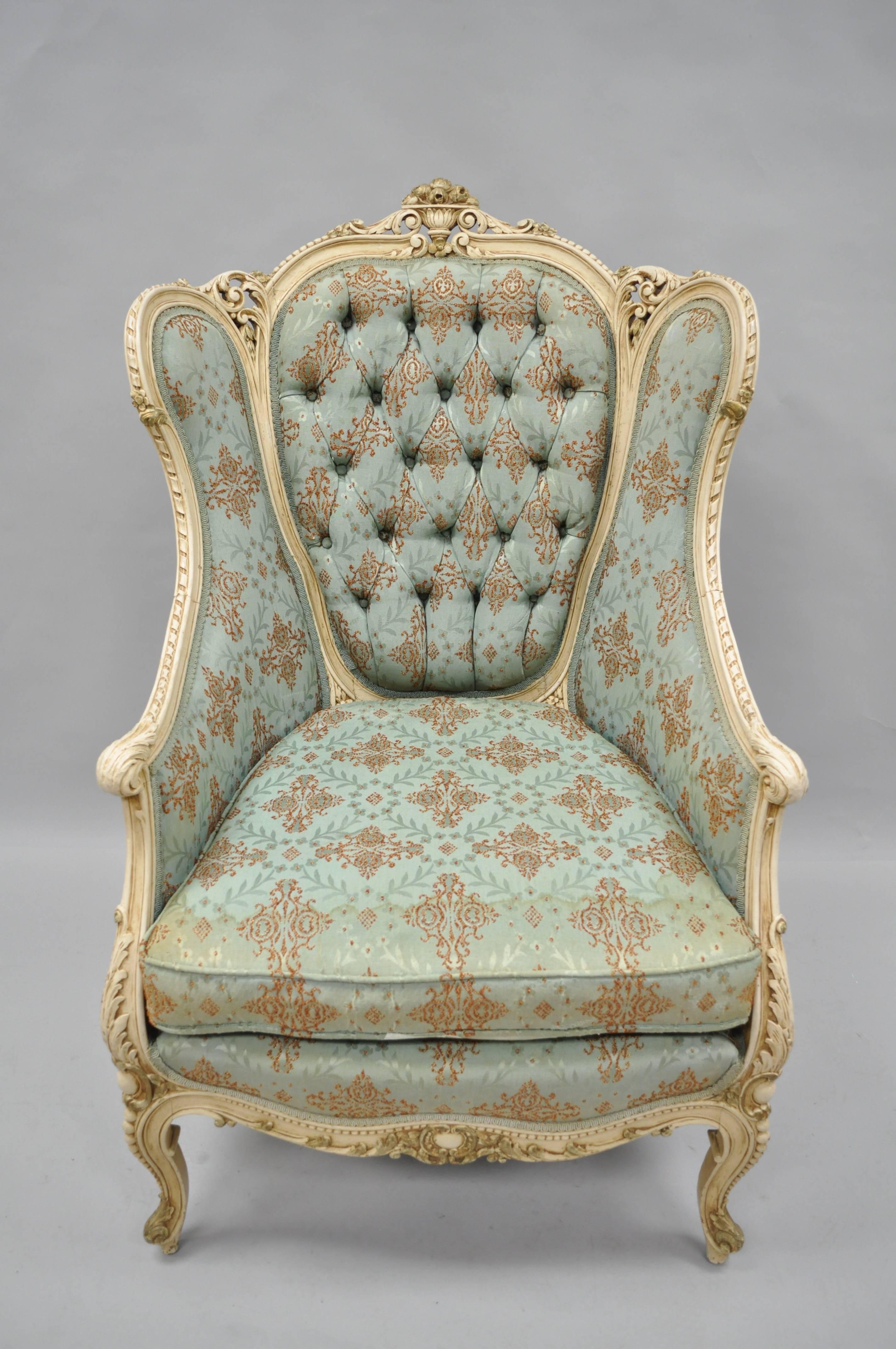 French Louis XV Provincial Style Bergere Chair Wingback Armchair Cream Painted 1