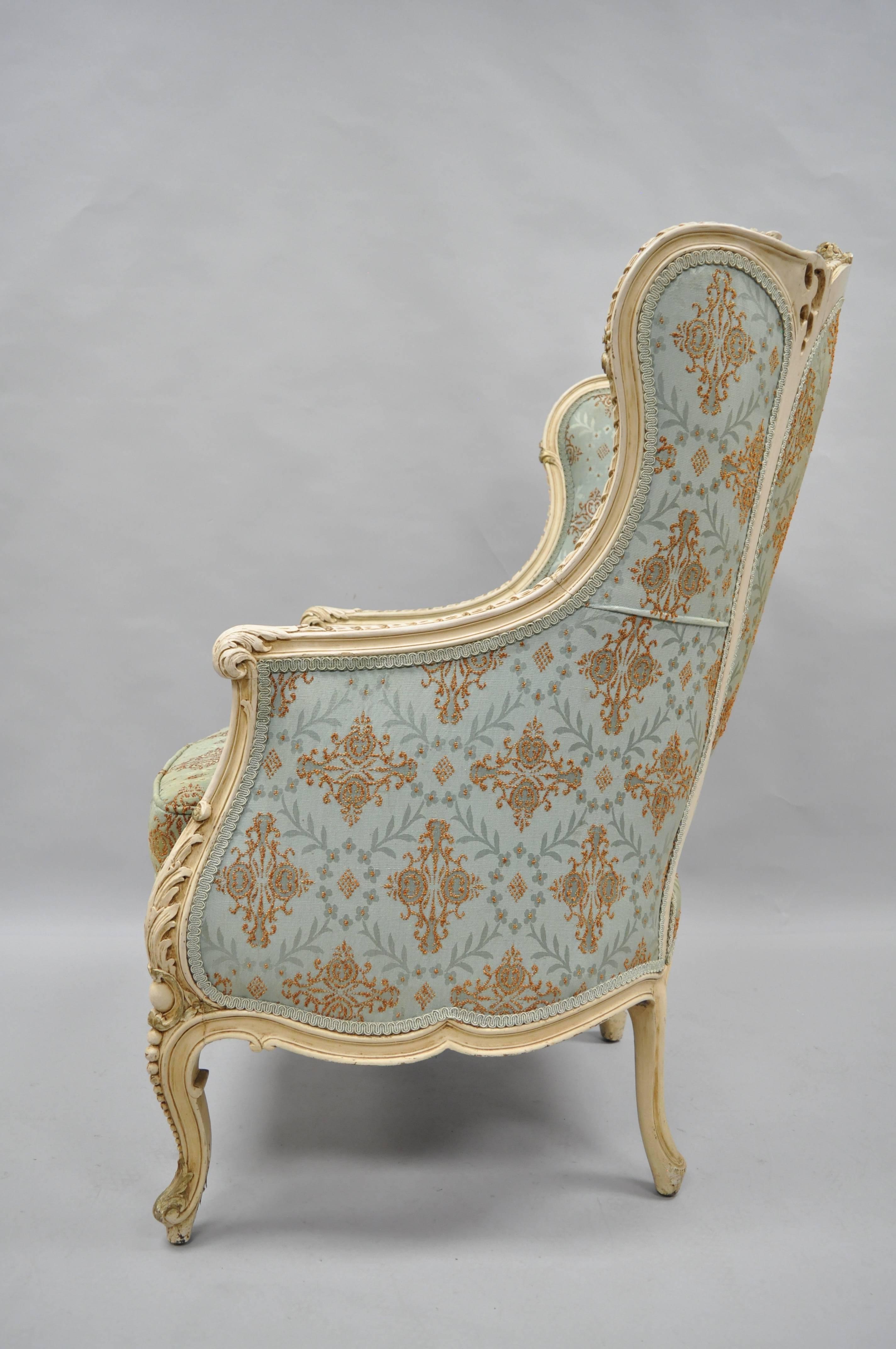 French Louis XV Provincial Style Bergere Chair Wingback Armchair Cream Painted In Good Condition In Philadelphia, PA