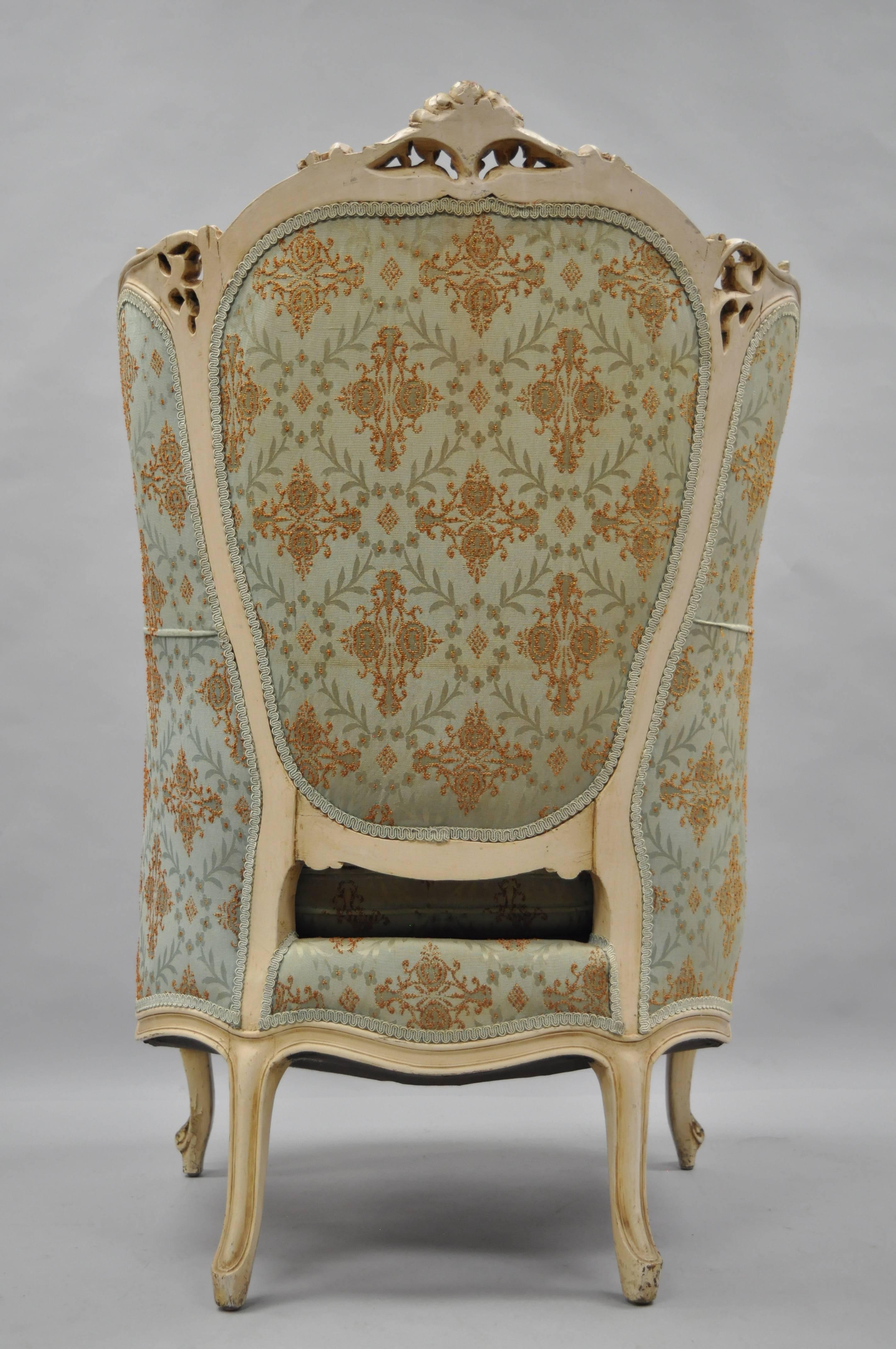 Wood French Louis XV Provincial Style Bergere Chair Wingback Armchair Cream Painted