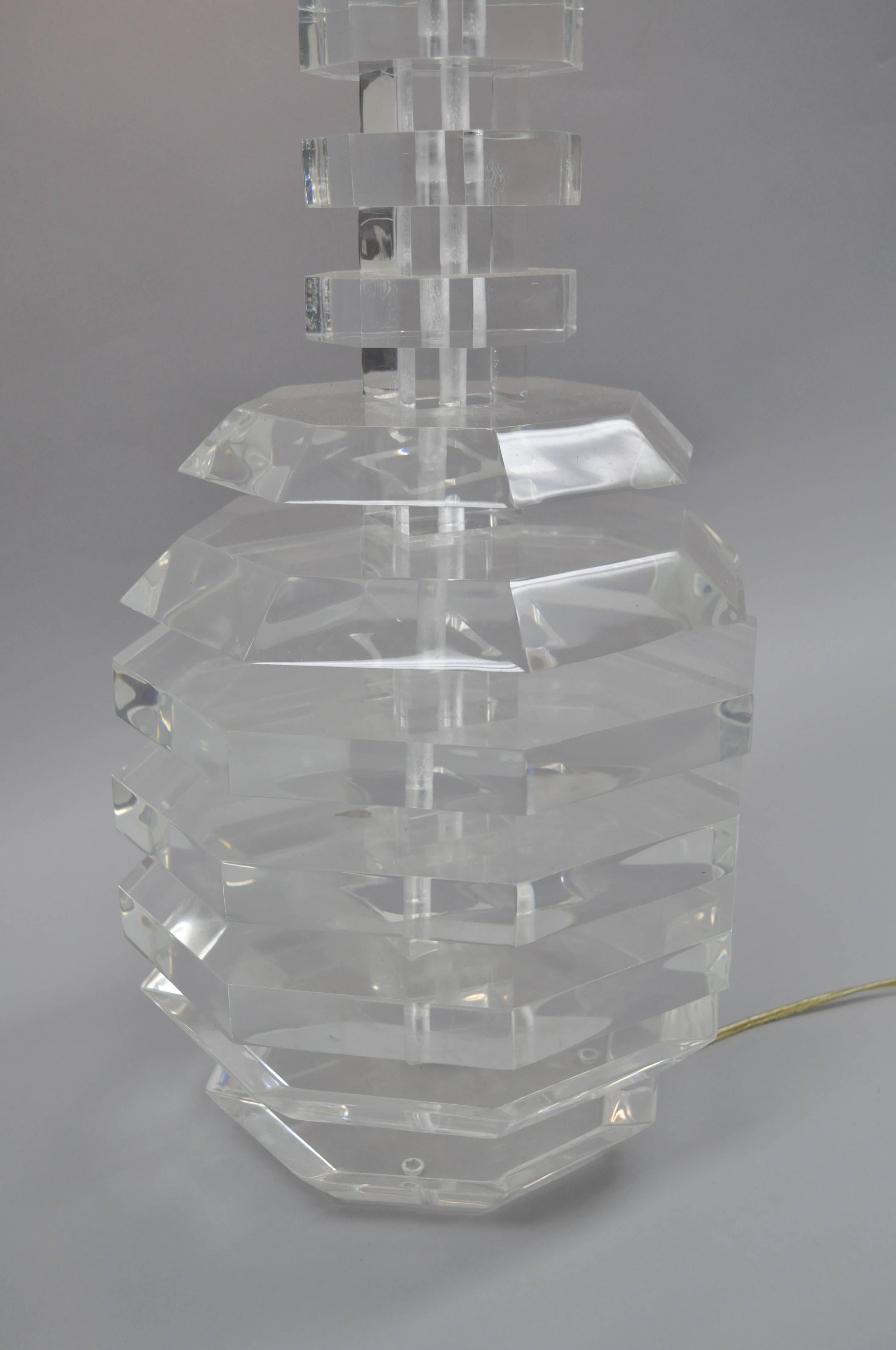 Vintage Mid-Century Modern heavy stacked Lucite table lamp by George Bullio in the rare 