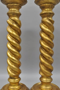 Italian Gold Leaf Spiral Carved Column Pedestal Stands Twisted Solid Wood a Pair