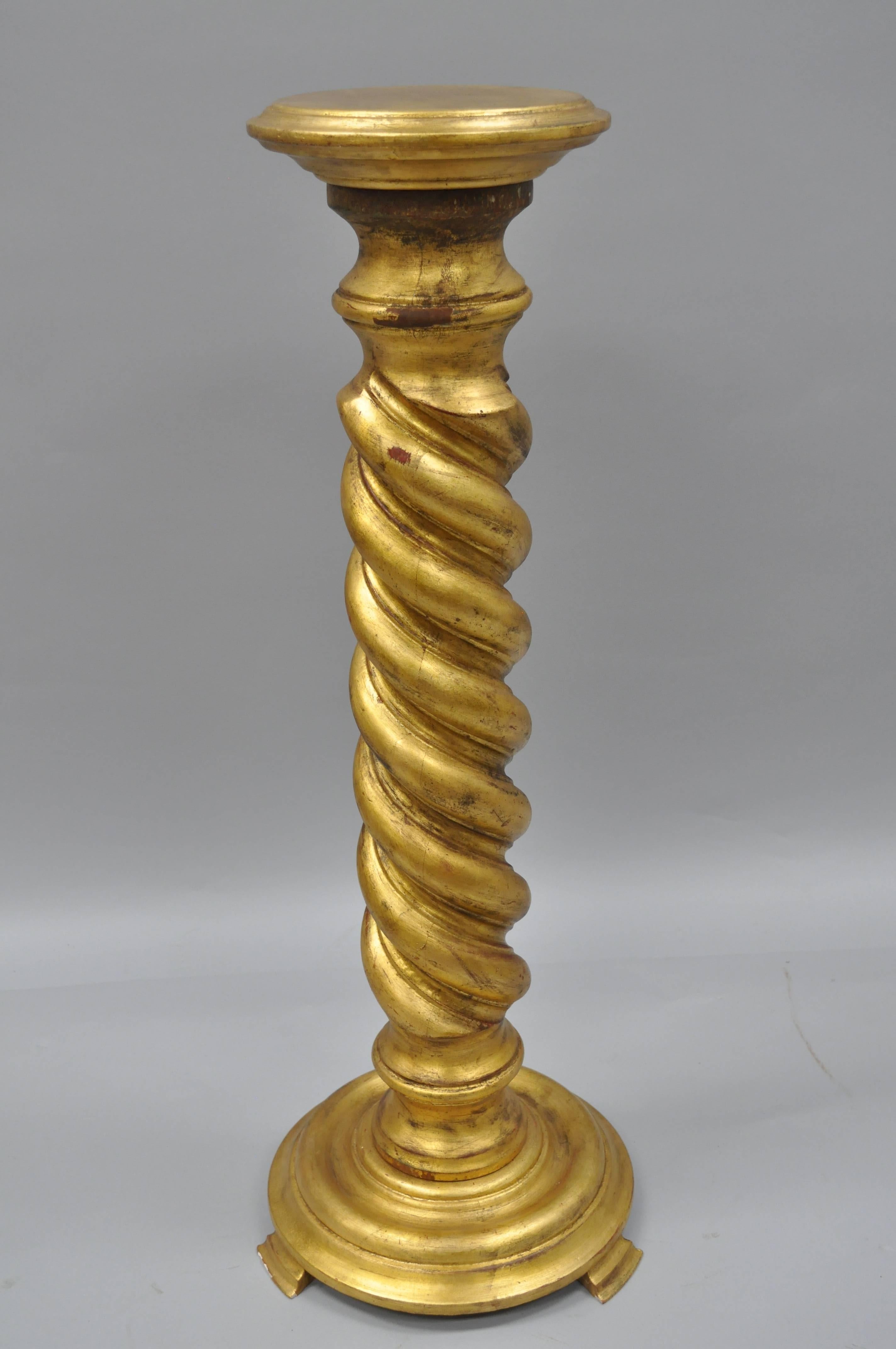 Italian Gold Leaf Spiral Carved Column Pedestal Stand Barley Twist Solid Wood 1