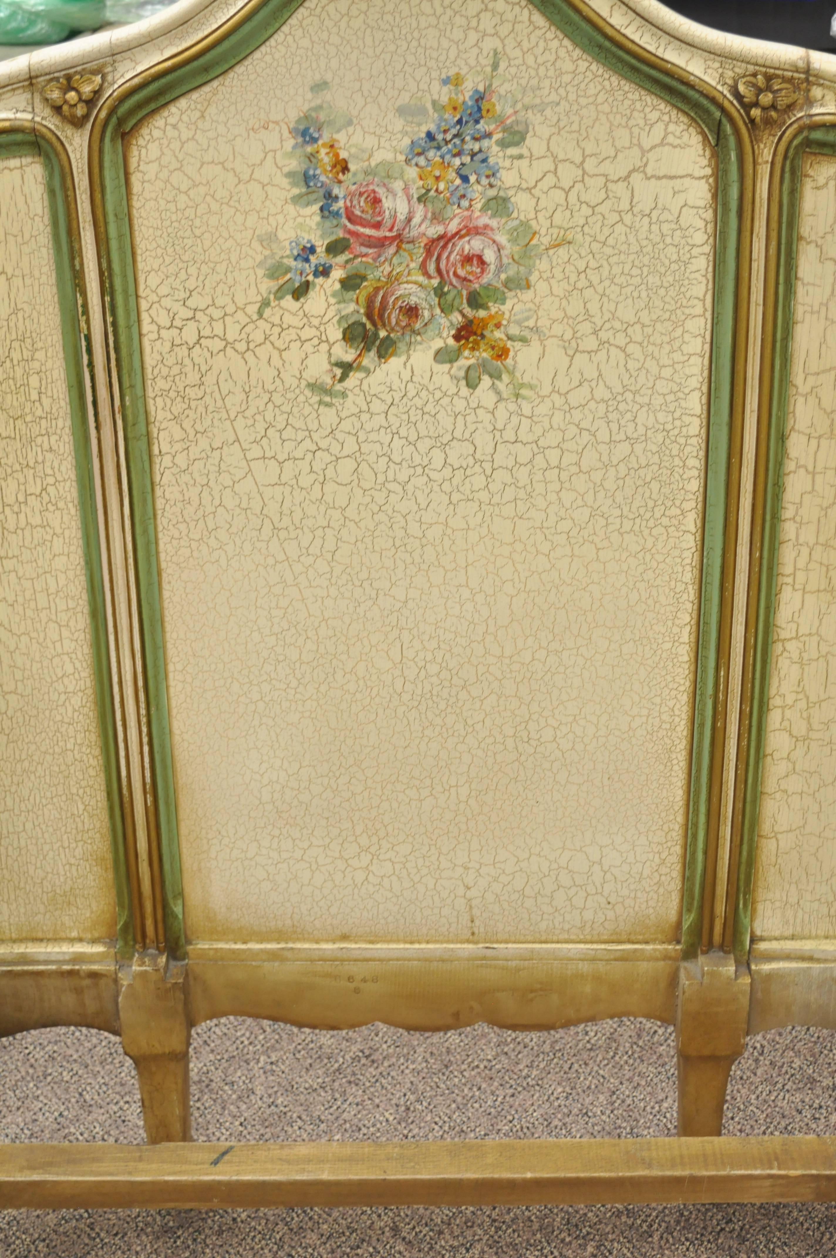 French Louis XV Style Twin Single Bed Green and Cream Distress Painted Finish In Good Condition In Philadelphia, PA