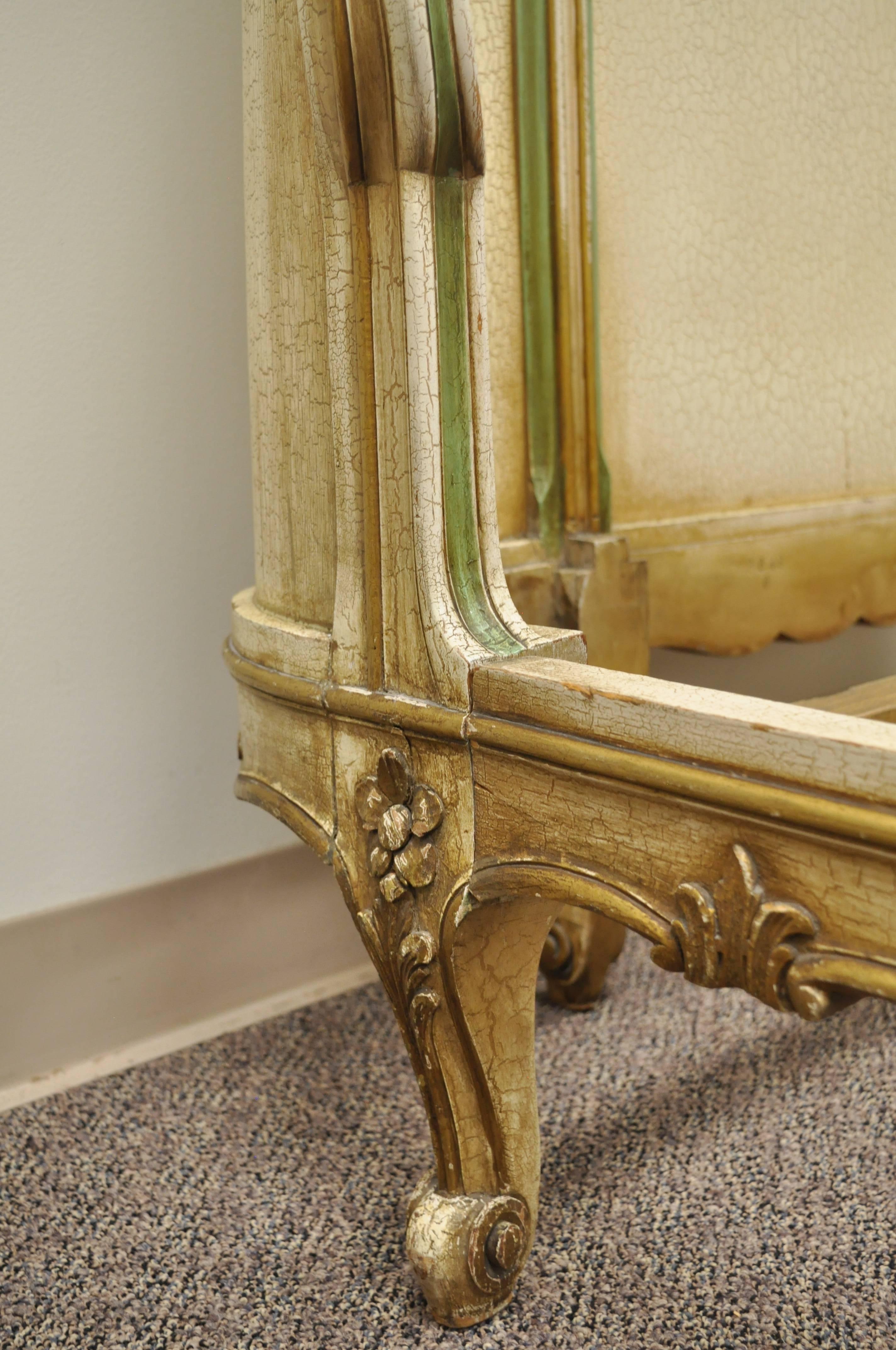 Early 20th Century French Louis XV Style Twin Single Bed Green and Cream Distress Painted Finish