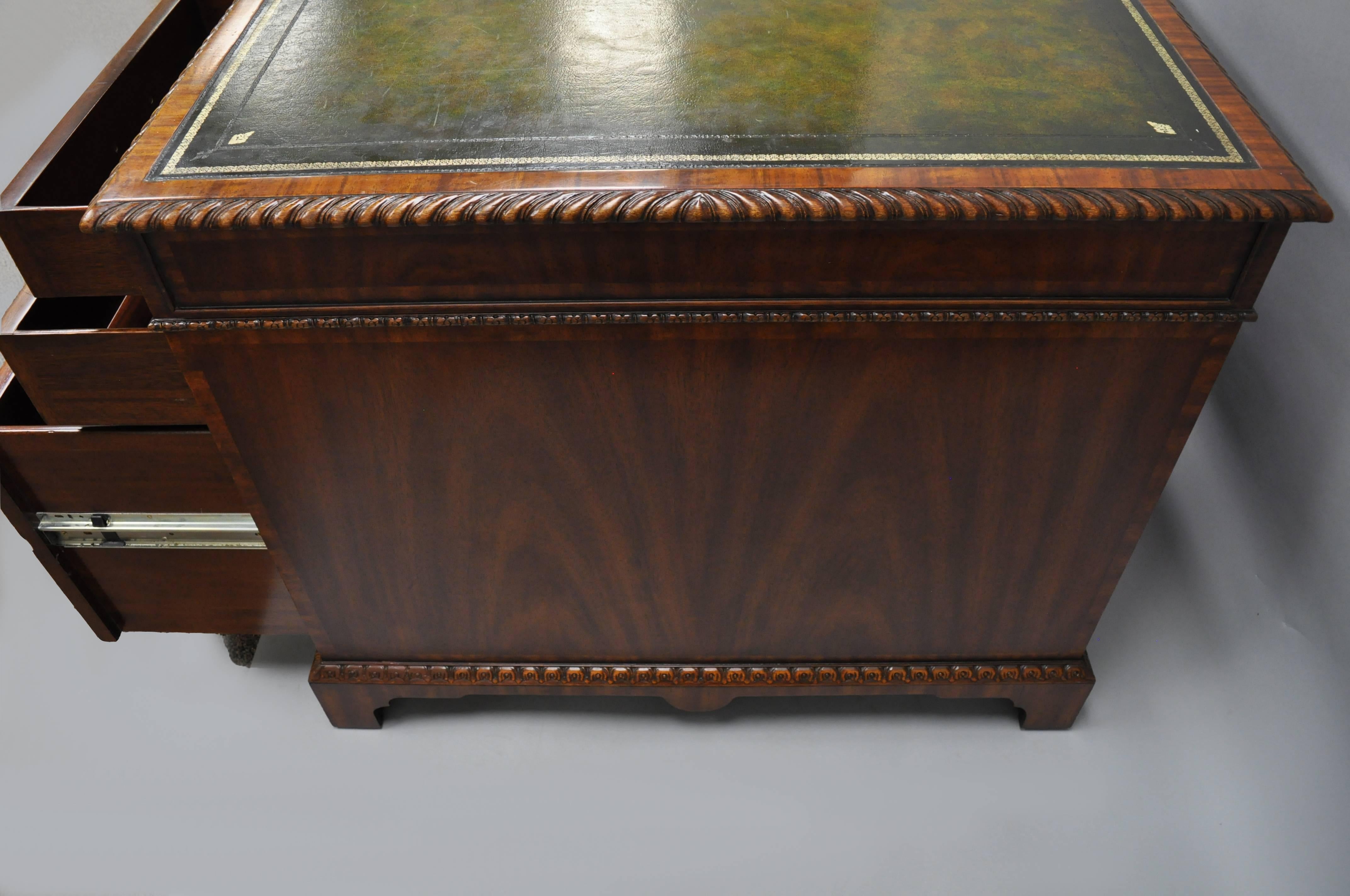 Maitland Smith Mahogany Green Leather Top Chippendale Executive Partners Desk In Good Condition In Philadelphia, PA