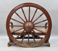 Antique Primitive Conestoga Wagon Wheel Red Bench Large Rustic Wooden Seat