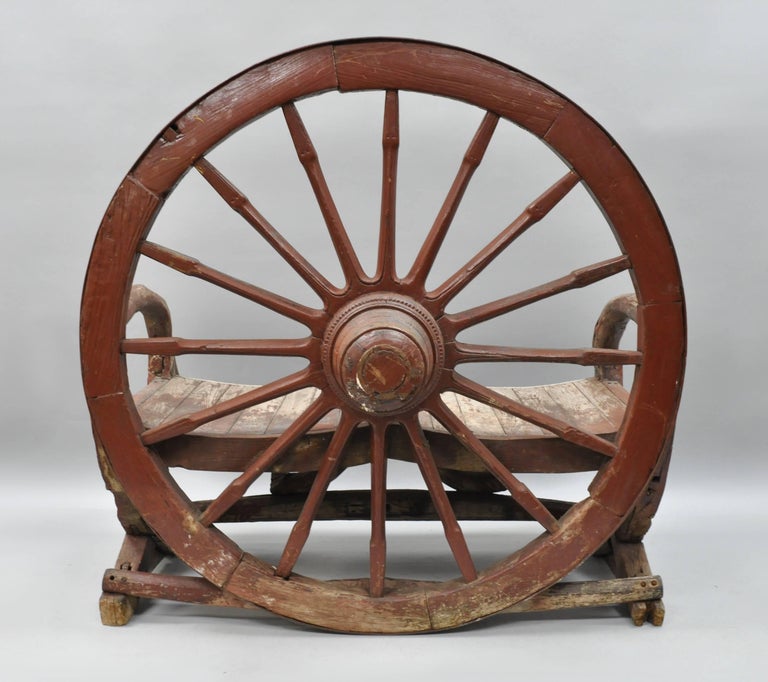 Antique Primitive Conestoga Wagon Wheel Red Bench Large Rustic