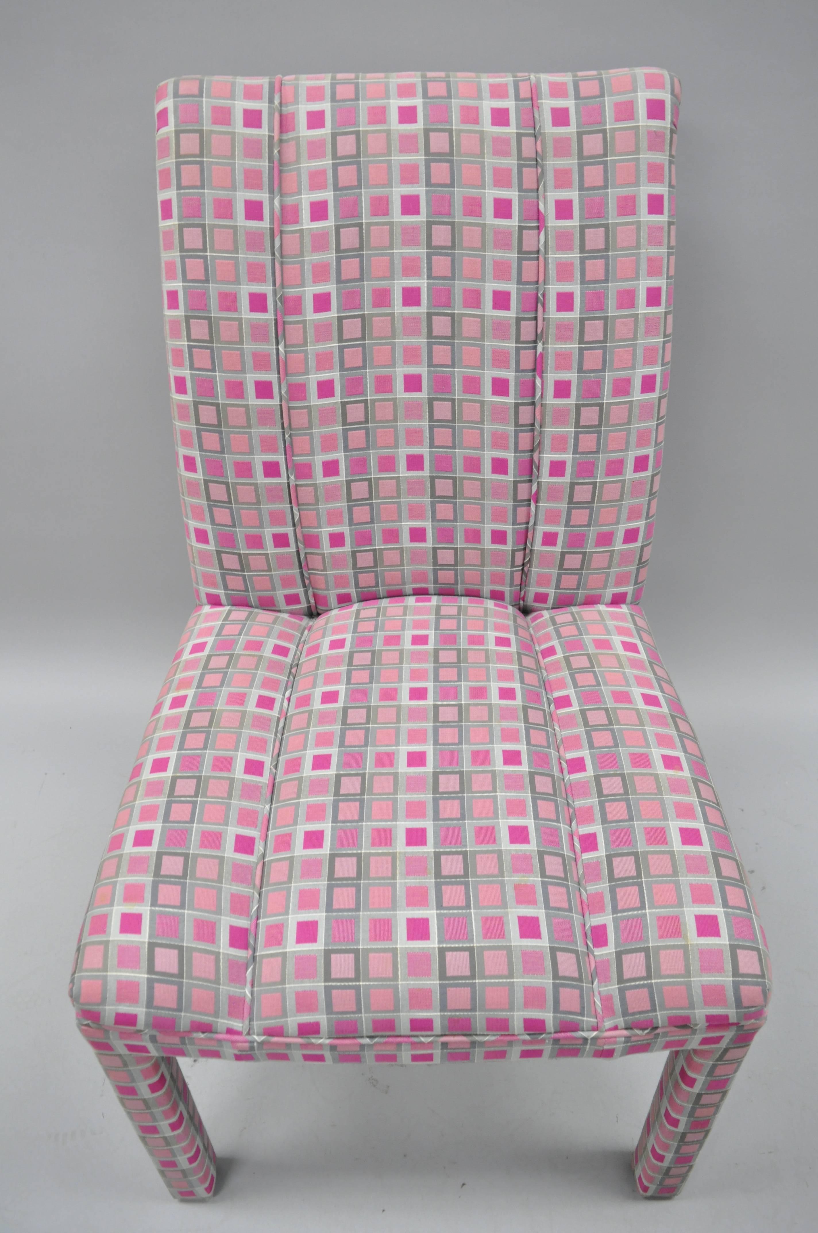 American Six Upholstered Parsons Style Dining Chairs Hollywood Regency Pink and Sliver