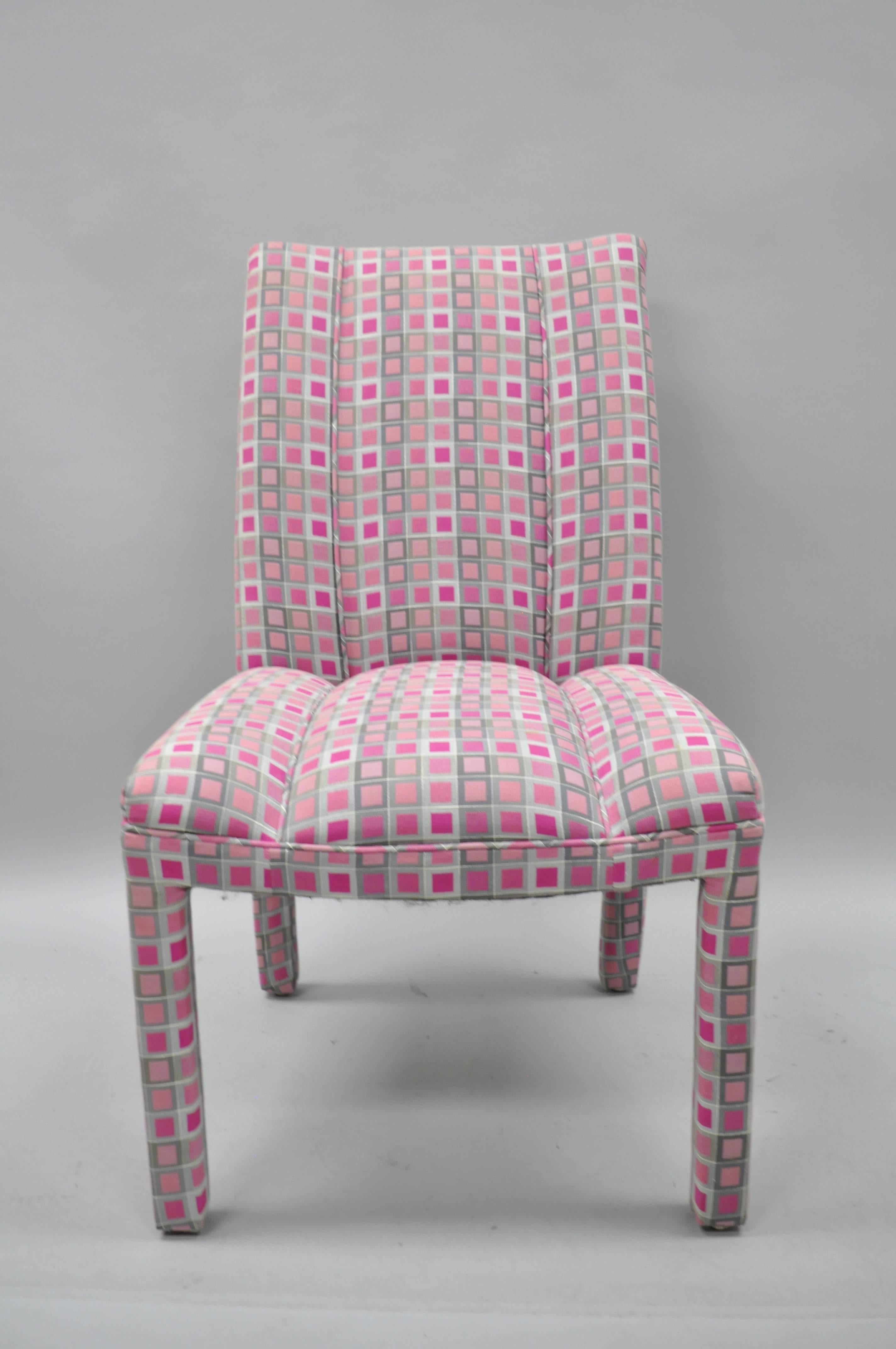 20th Century Six Upholstered Parsons Style Dining Chairs Hollywood Regency Pink and Sliver