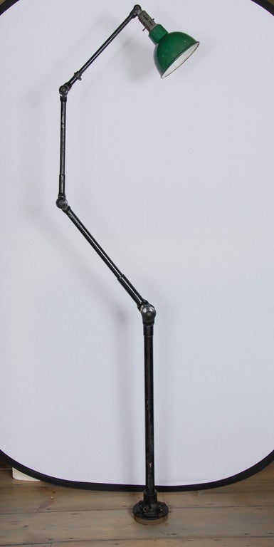 Mid-20th Century Vintage Industrial Articulated Floor Light with Enamel Shade For Sale