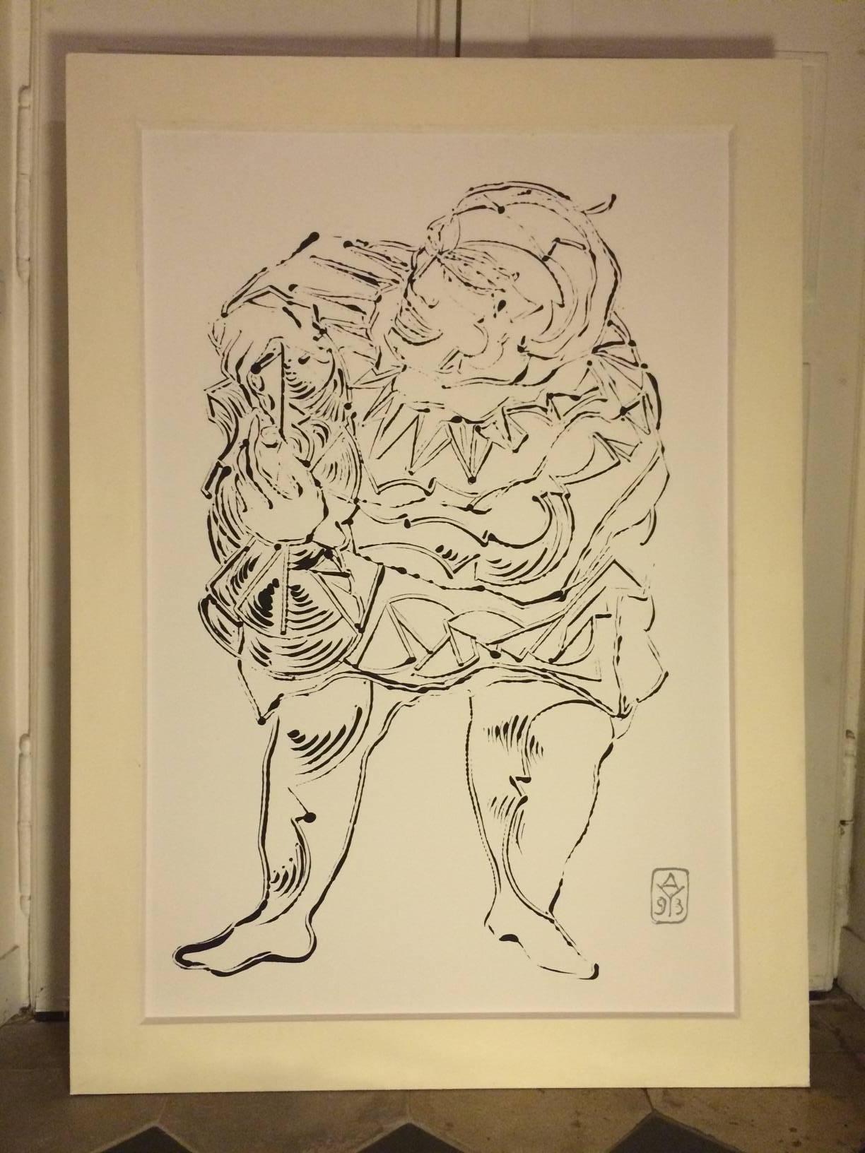French Two Large paintings, Ink on heavy Cardboard, 1993 For Sale