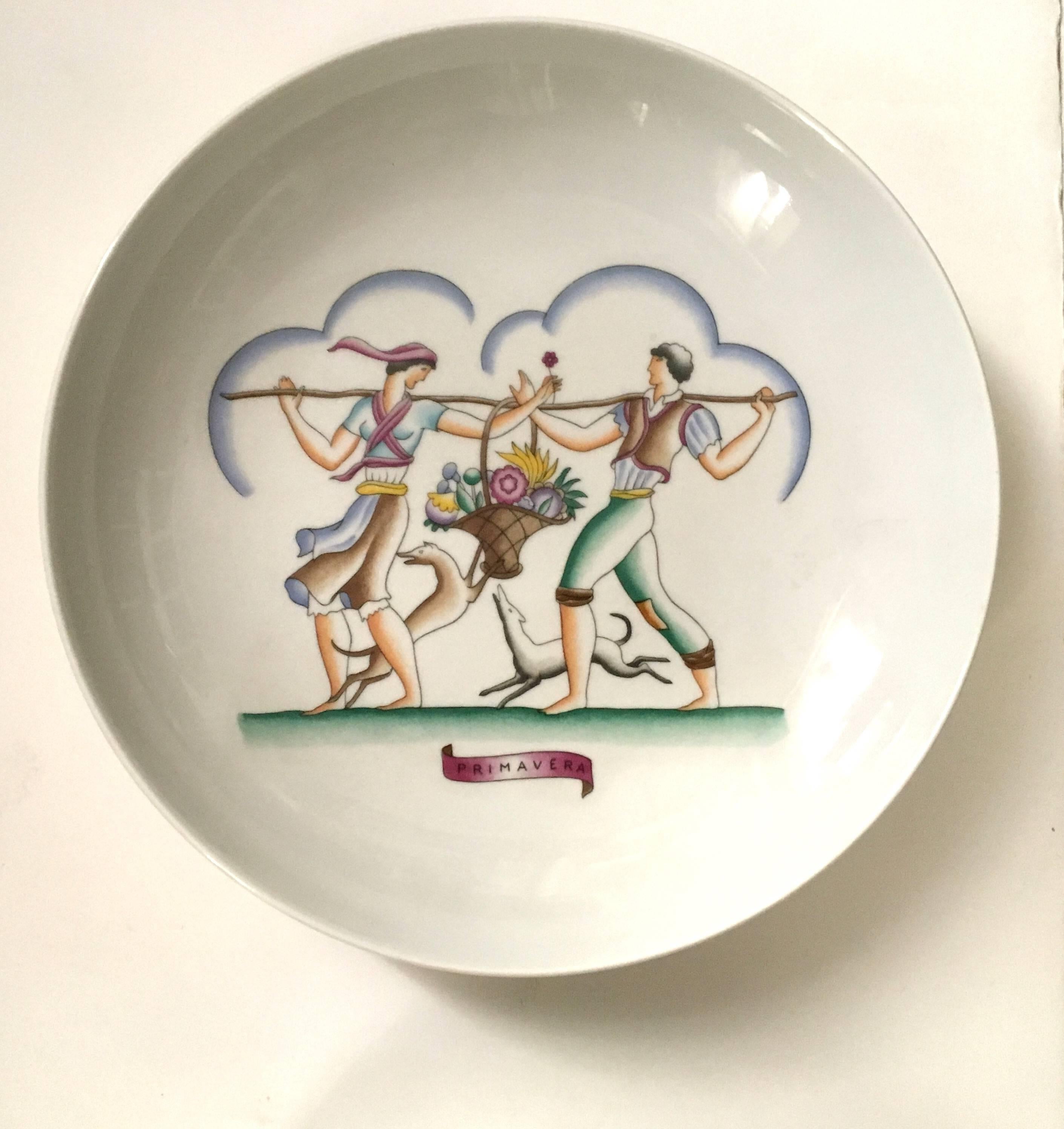 Gio Ponti for Richard Ginori limited edition of the four seasons porcelain plates. Primavera, Estate, Autunno, Inverno.
Bearing the mark factory stamp at the verso of each plate, Gio Ponti Richard Ginori, manifattura di Doccia Florence Italy and the