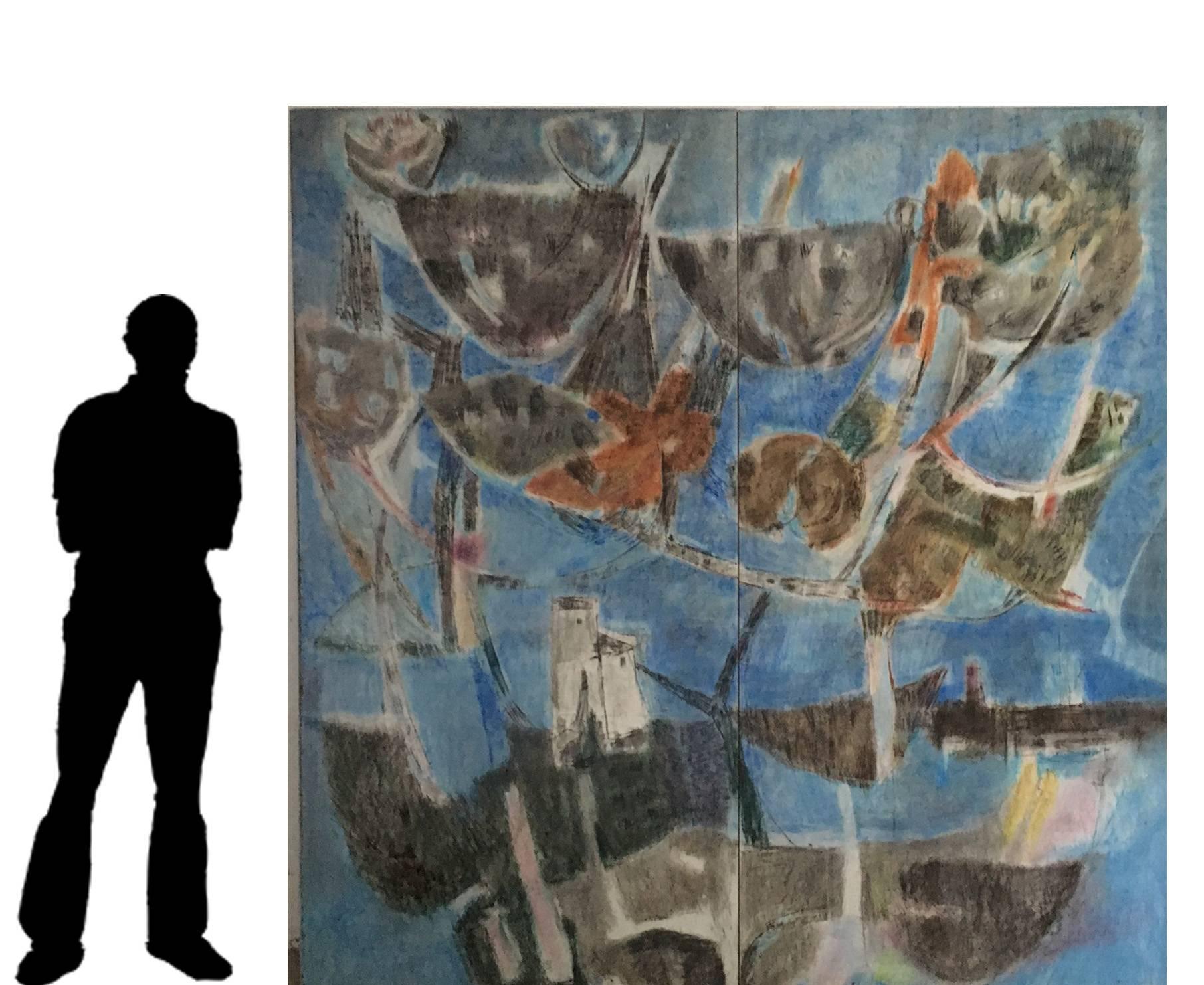 A pair of abstract panels for S.S. Eugenio C Cruise ship of the Costa Line
Enrico Palucci (1901-1999)
abstract mixed media on board sealed in melamine from the Eugenio C's midships stairtower (circa, 1960)
this magnificent composition was the first