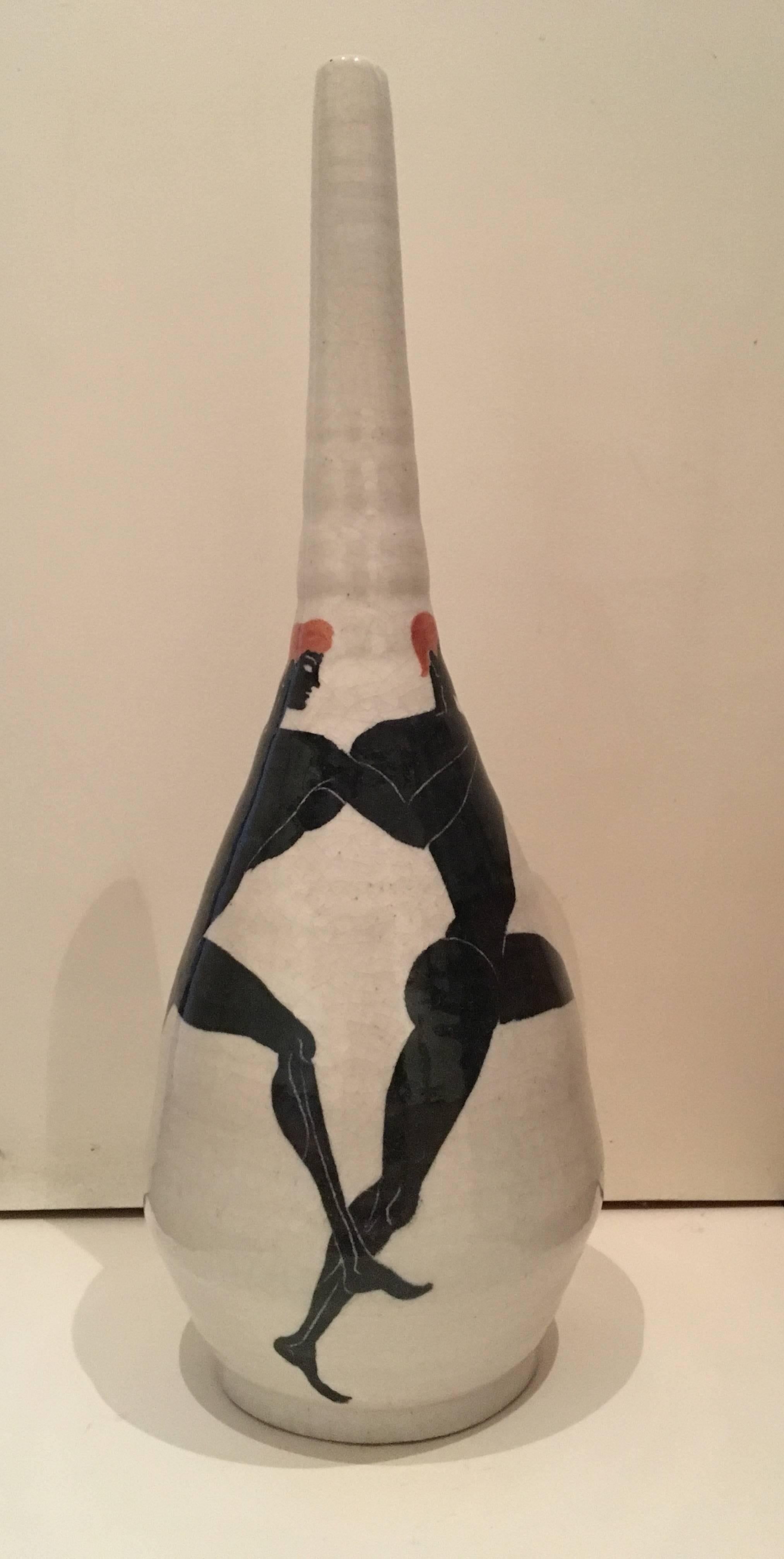 A rare vase by artist Ernestine Cannon (1904-1969,) 
representing Grecian Athletes.
Signed and dated Ernestine 20th of march 1953. Vietri .
Ernestine Cannon (1904-1969), also known as Ernestine Virden-Cannon, was an American ceramicist and designer