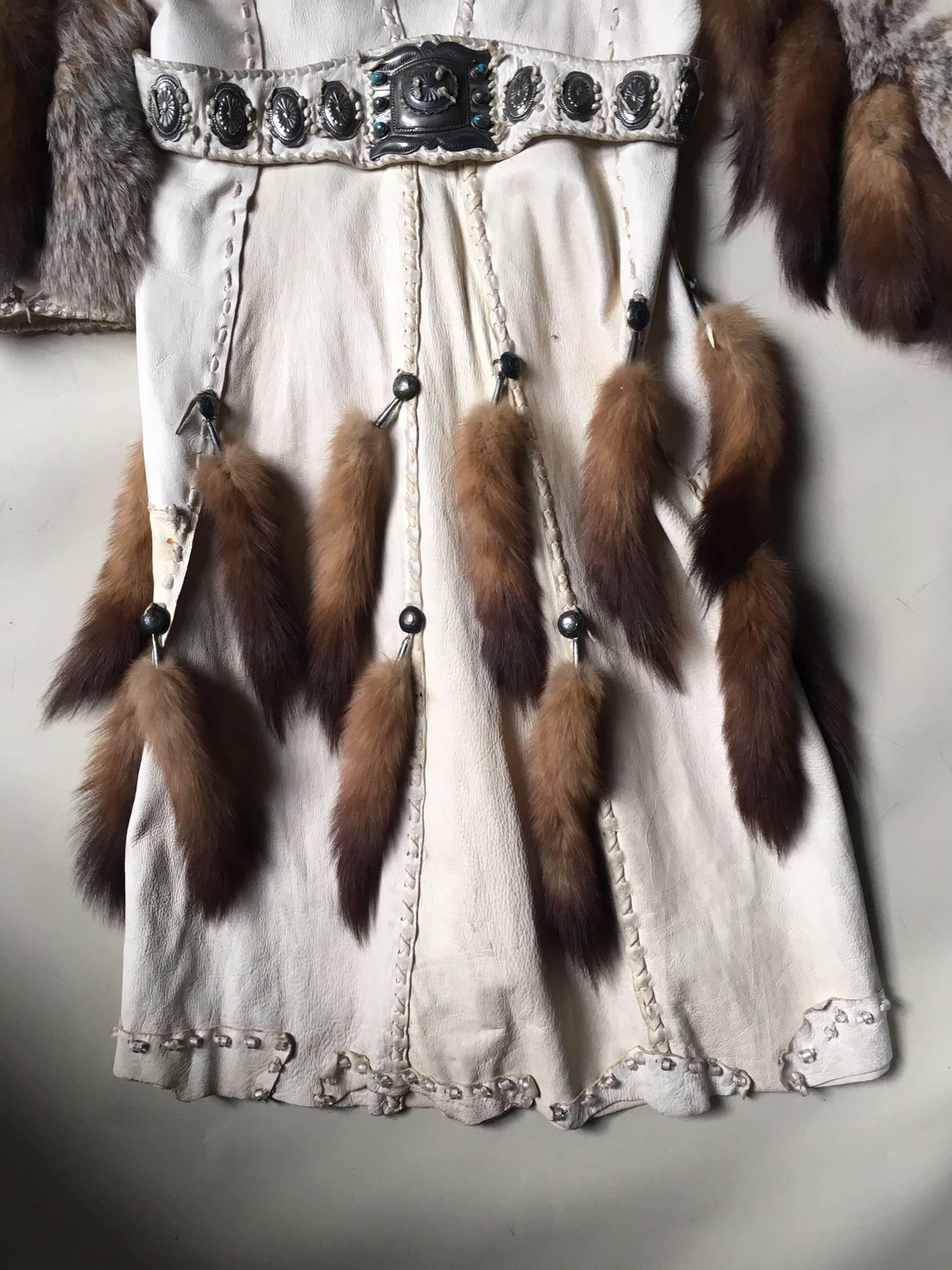 Native American Cape in White Patinated Leather , Fox, Wolf Sioux Style