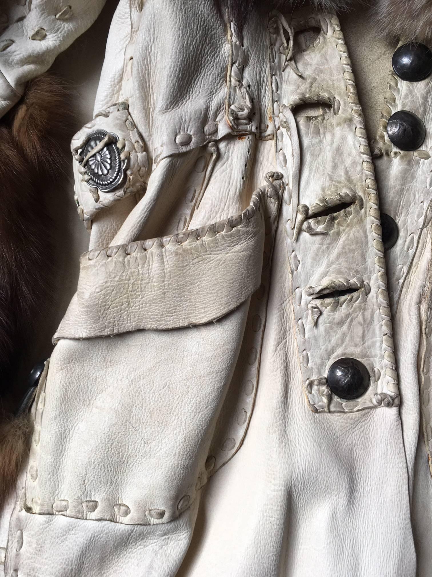 20th Century Cape in White Patinated Leather , Fox, Wolf Sioux Style