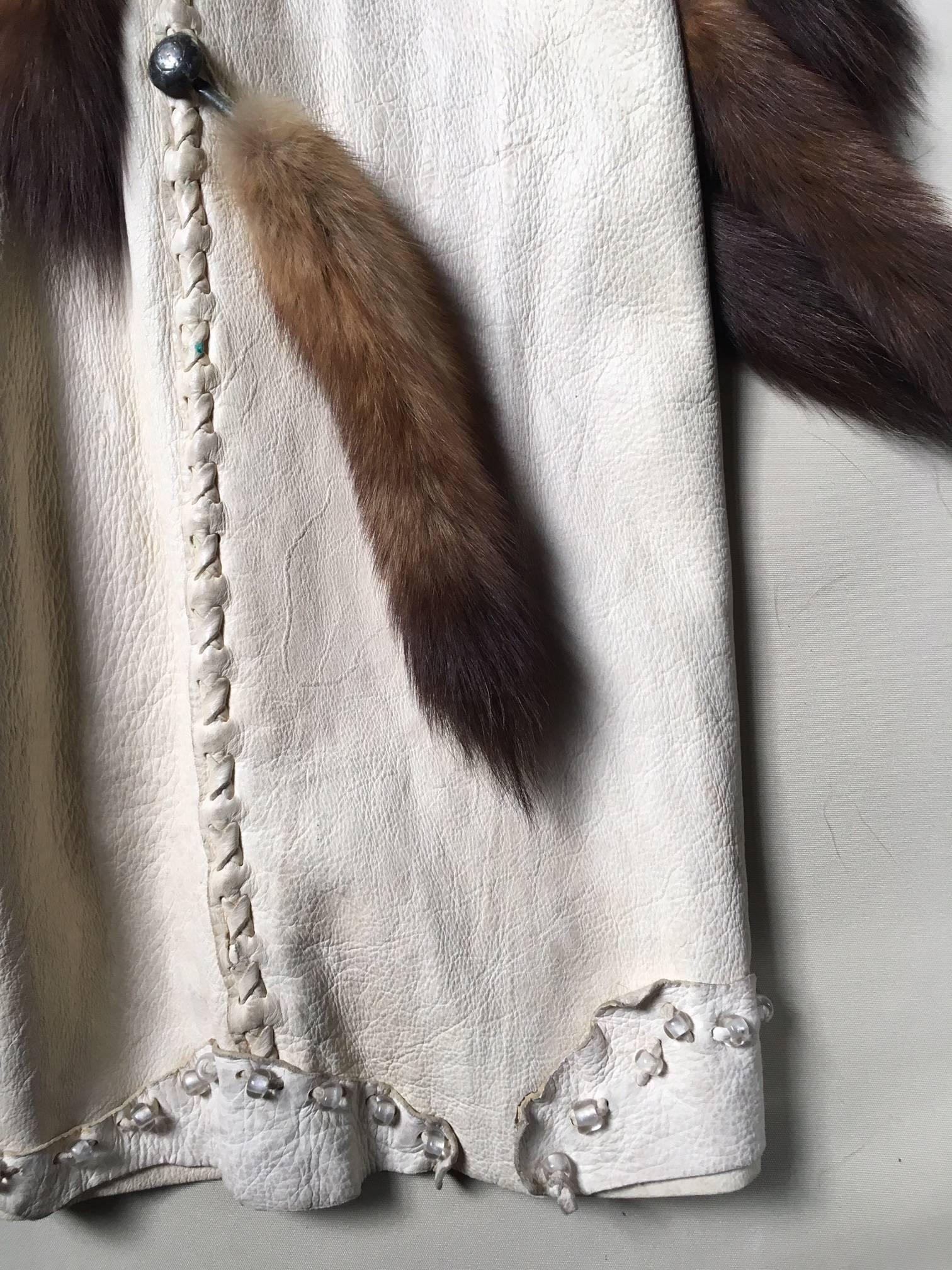 Metal Cape in White Patinated Leather , Fox, Wolf Sioux Style