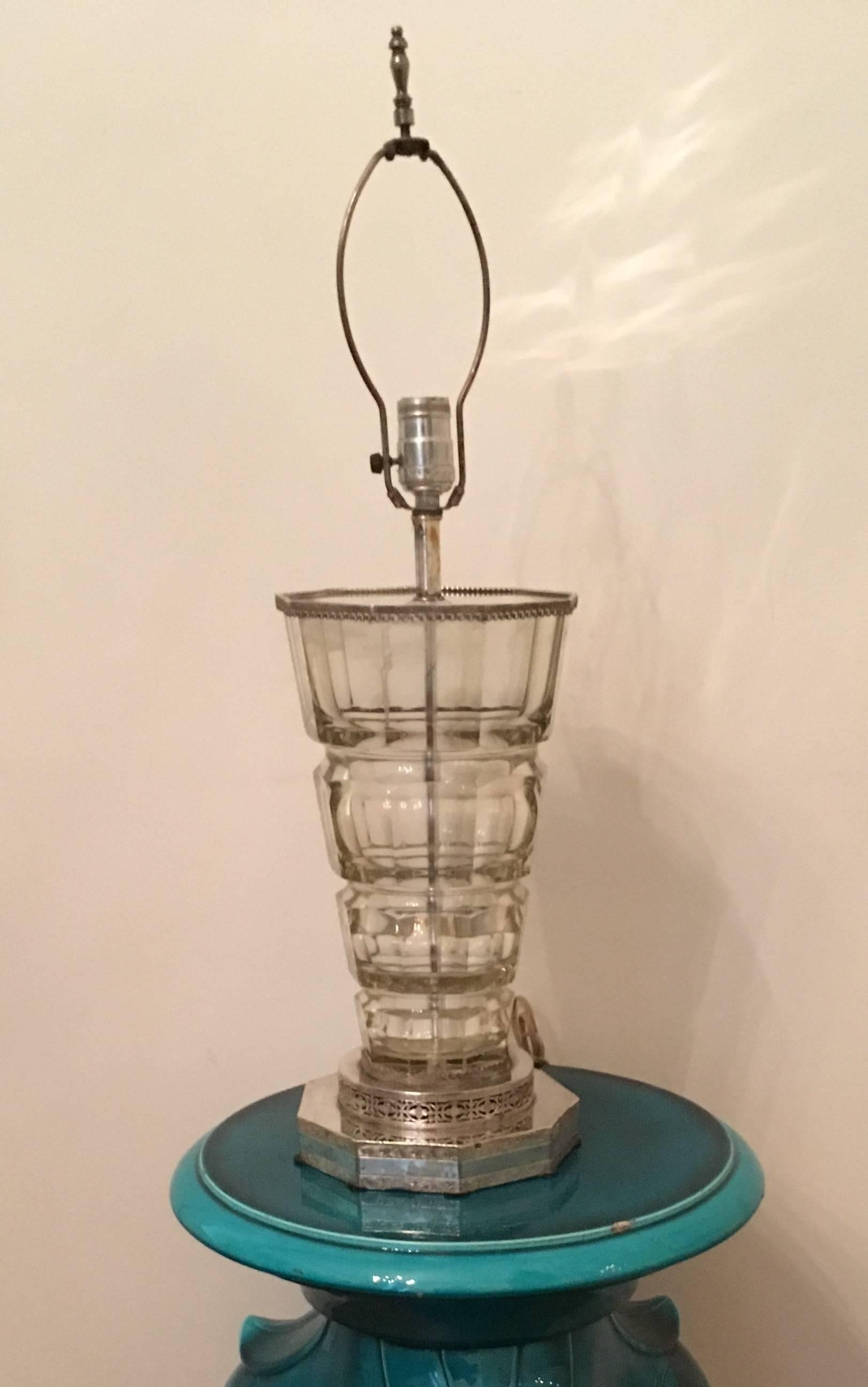 Mid-Century Modern Baccarat Crystal Faceted Vase Mounted as Lampe For Sale