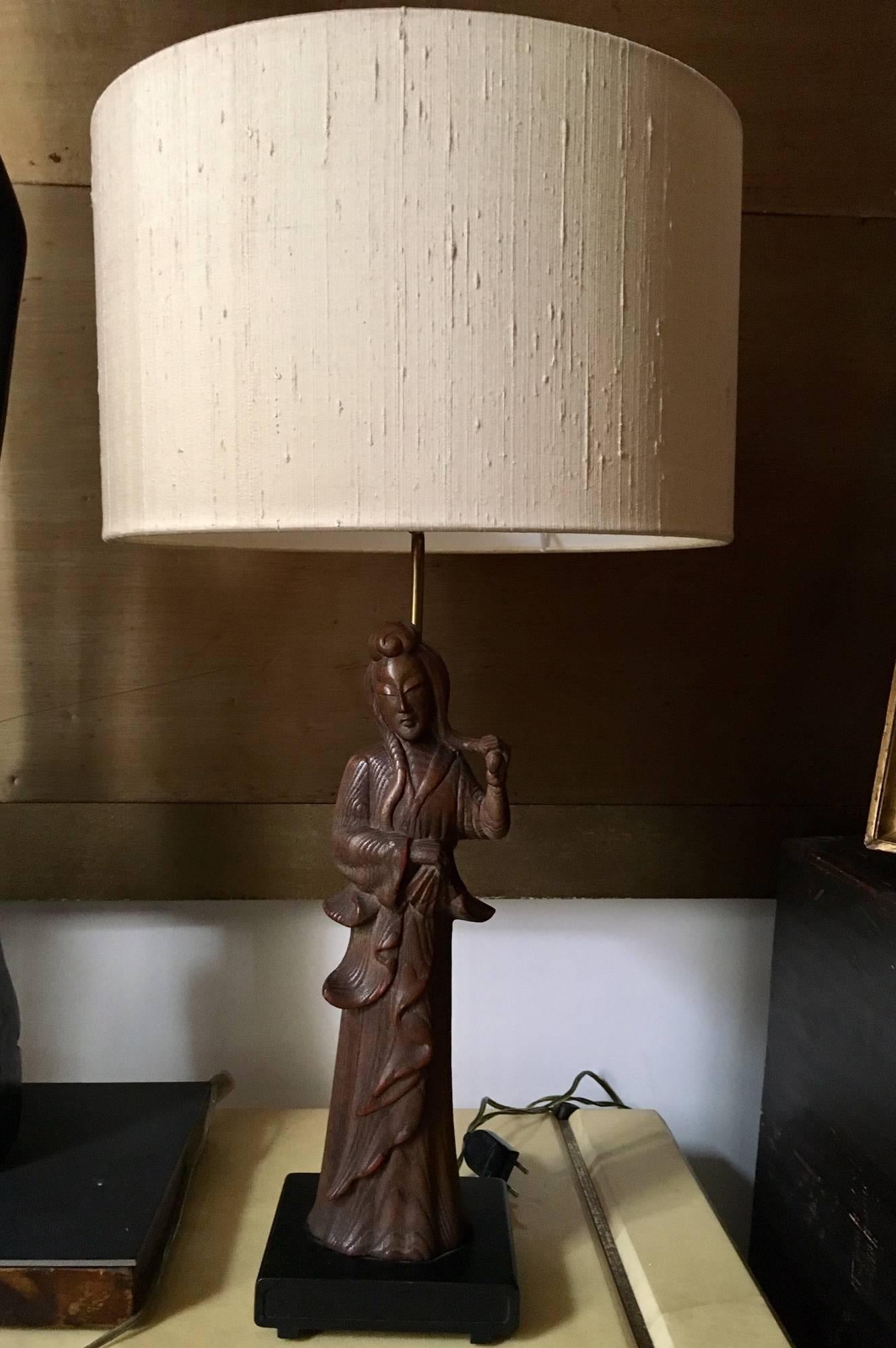 Mid-Century Modern Pair of Wood Sculpted Lamps Style of James Mont For Sale