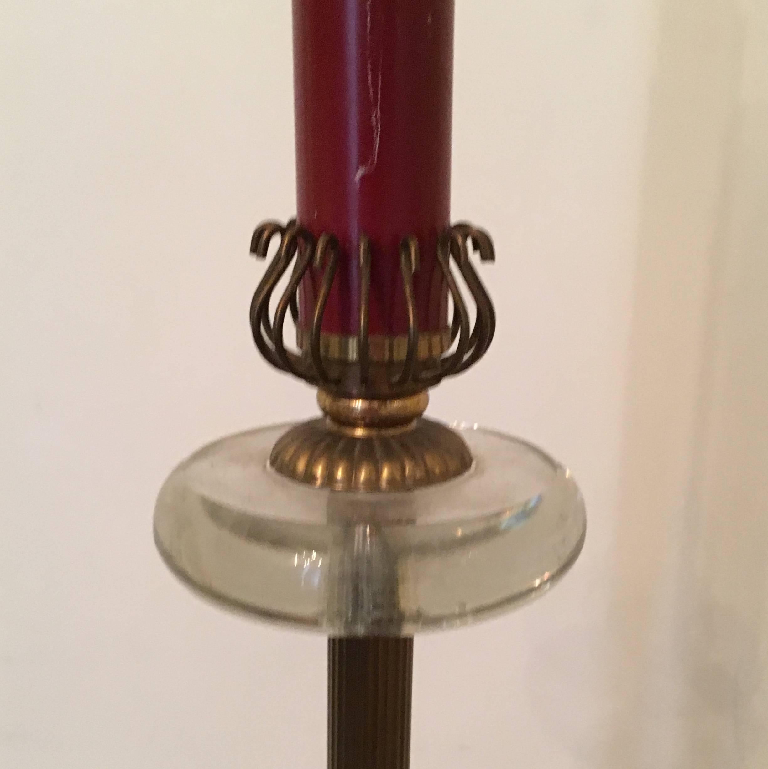 Rare circa 1950, midcentury floor lamp, by renowned French maker Maison Lunel.
Bronze Brass Glass with enamel paint all in original condition.
The height is 152 cm 60 inches High to the bulb holder.
Diameter is 36 cm 14 inches
height with