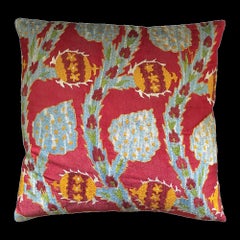 Ottoman Silk Hand Embroidered Pomegranate Suzani Cushion, Hand-Dyed Ikat Back