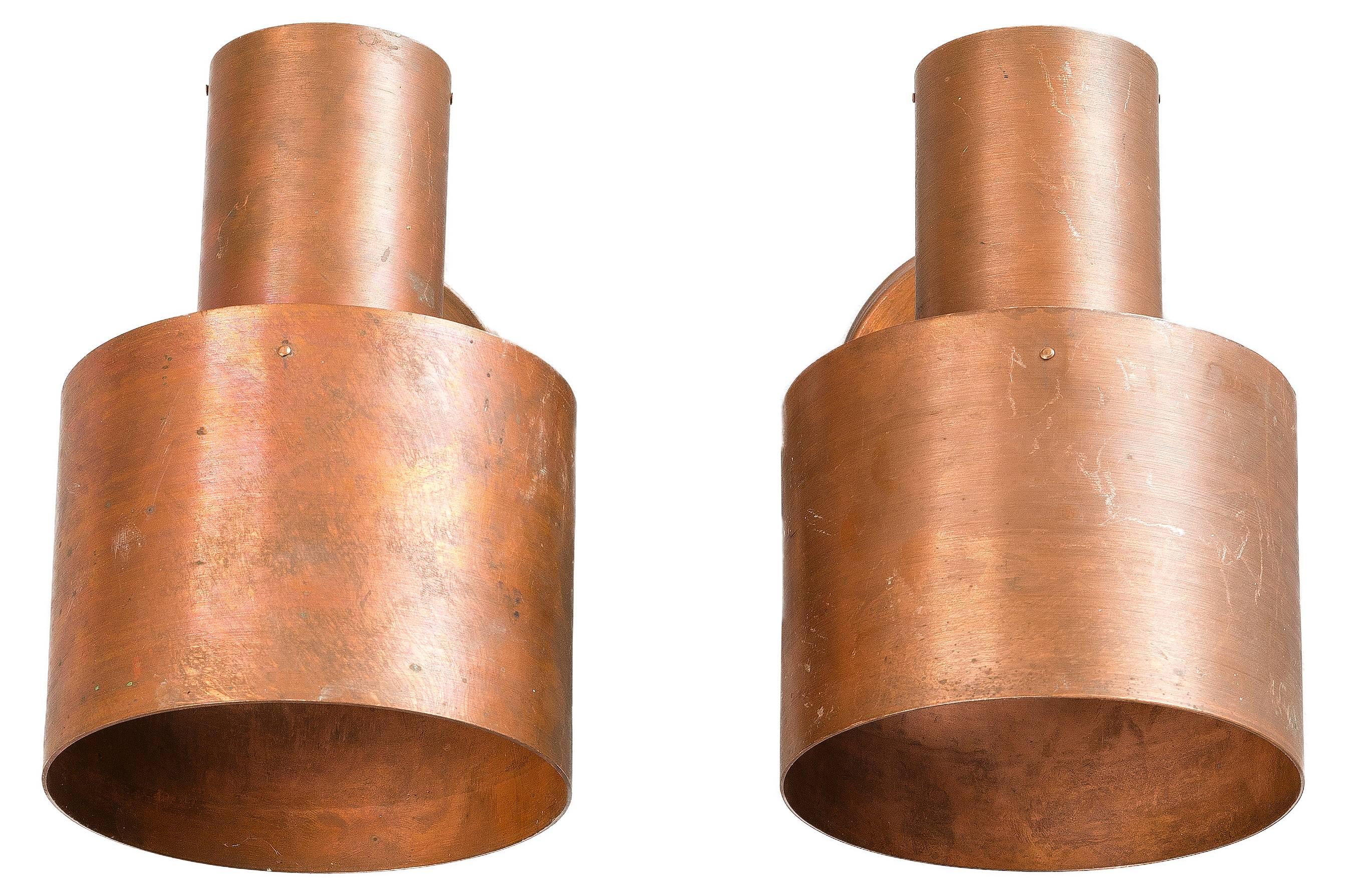Scandinavian Modern Pair of Wall Lights by Paavo Tynell in Solid Copper