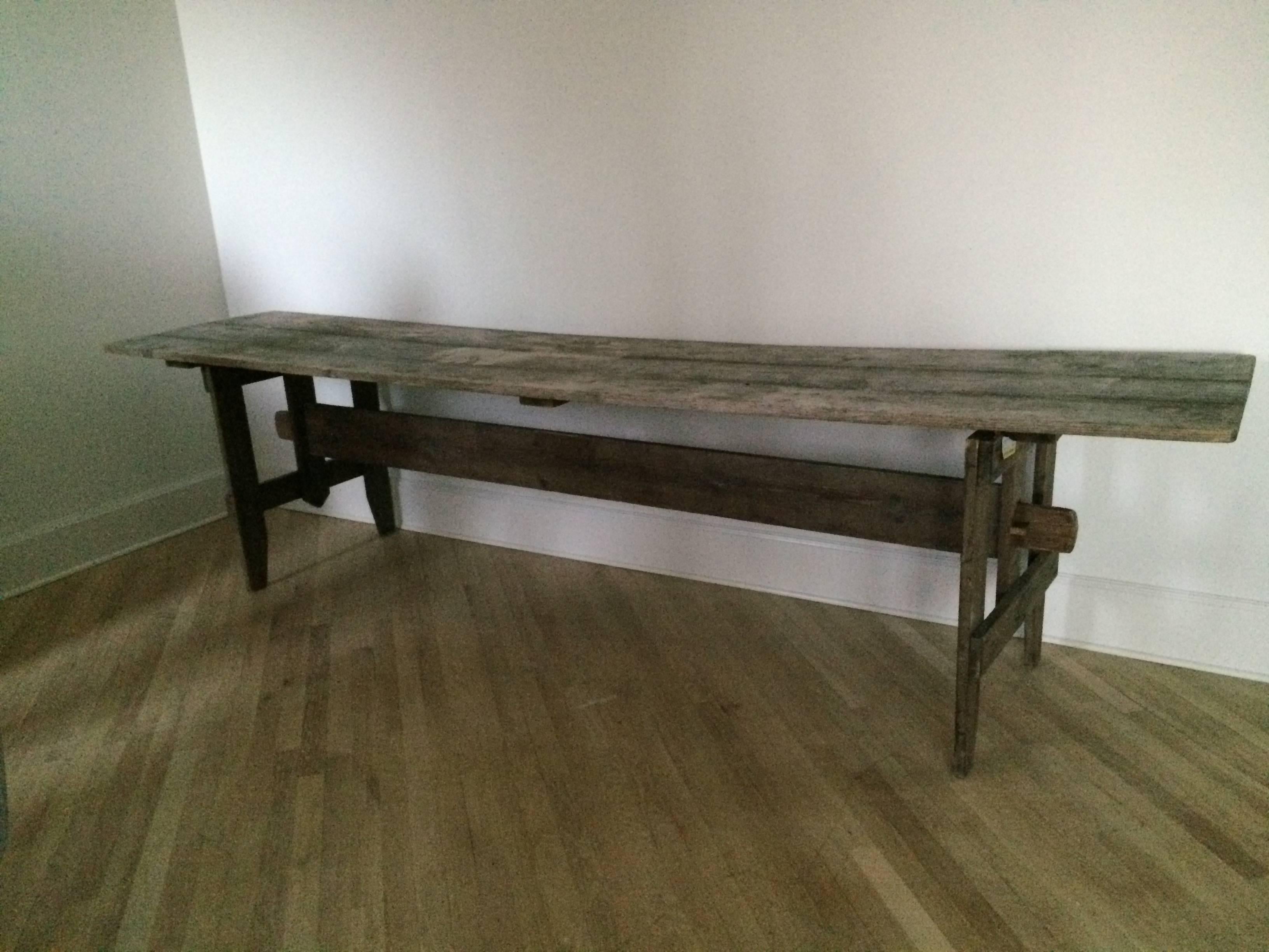 SALE! Bleached French oak farm trestle table. Breaks down for easy transport. Lovely aged patina.