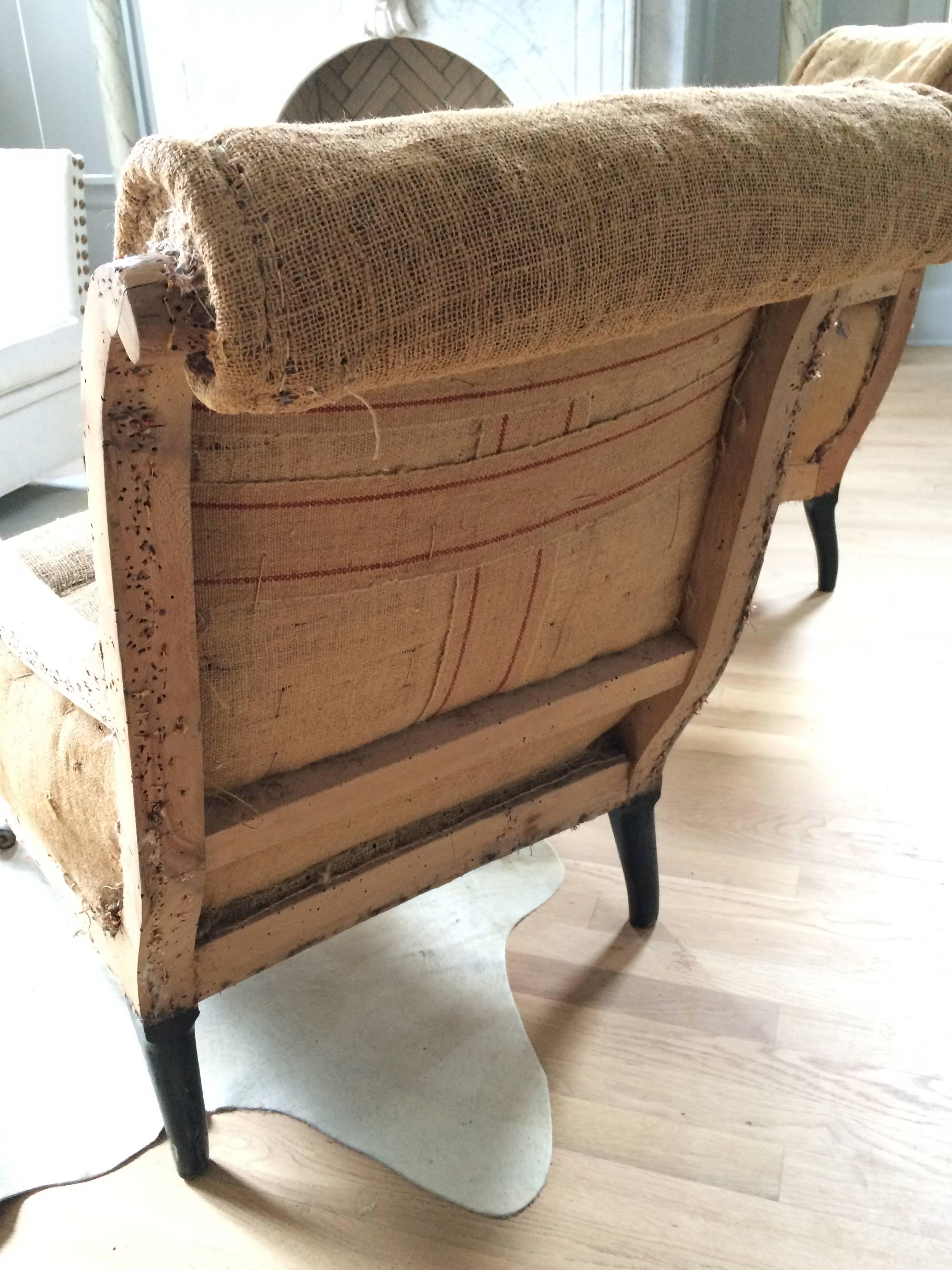 Burlap Pair of French Scroll Back Salon Chairs