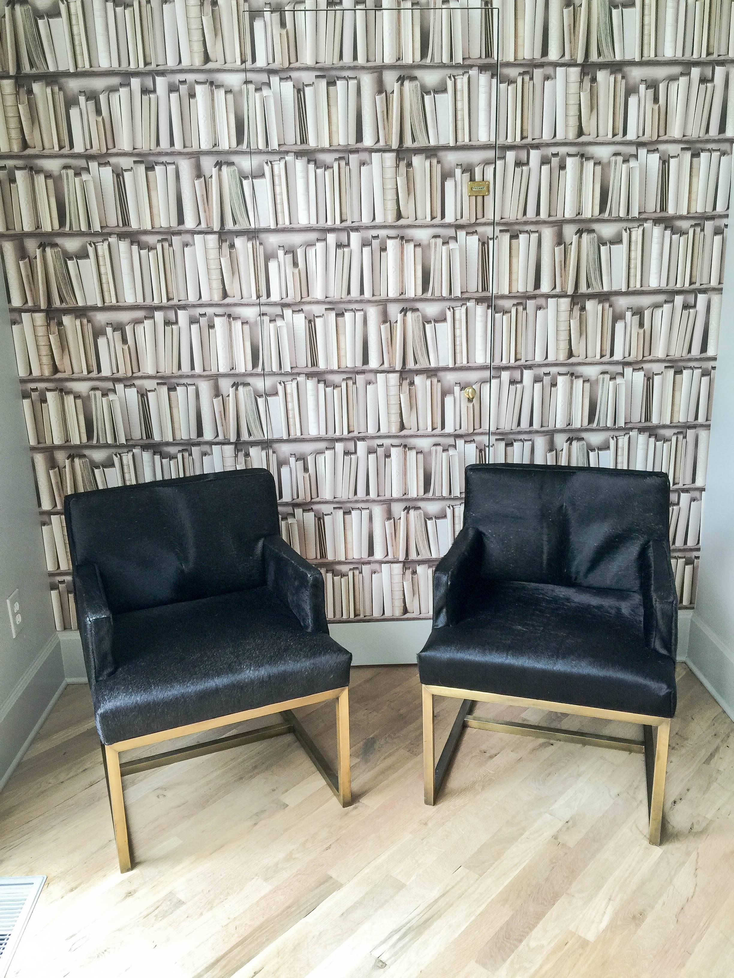 Pair of Mid-Century Swedish Brass and Black Hide Chairs In Good Condition In Nashville, TN