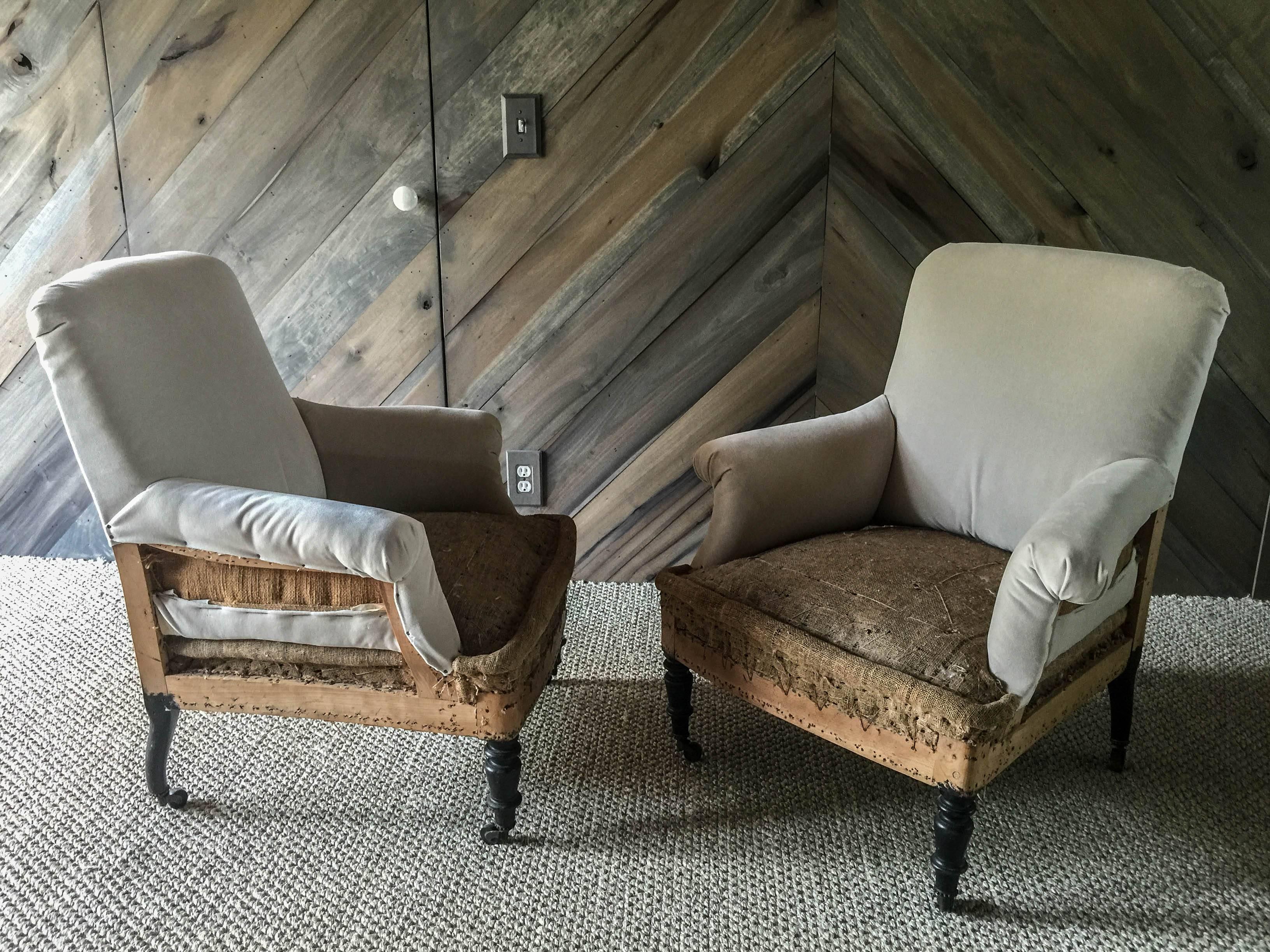 19th Century Pair of Antique French Velvet Deconstructed Club Chairs